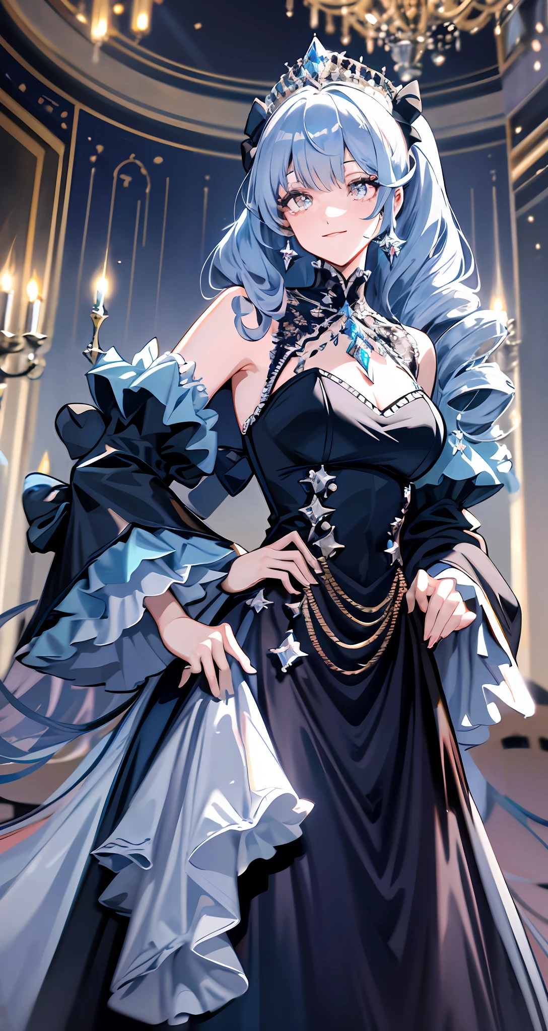 Dramatic composition, court-style dresses, royal, gorgeous, cascading frills, ruffles, bows, crystal chandeliers, Roman curly hairstyles, ponet, double ponytails like drills, look at the camera, bangs, maximalism, palatial background, delicate portrayal of hair and eyes, princess dresses, gorgeous skirts, flowers in hand, smiles, starry eyes, cinematic light, extreme detail, high definition, happy girl, very long hair, diamonds, broken diamonds, crystal fragments, light particles