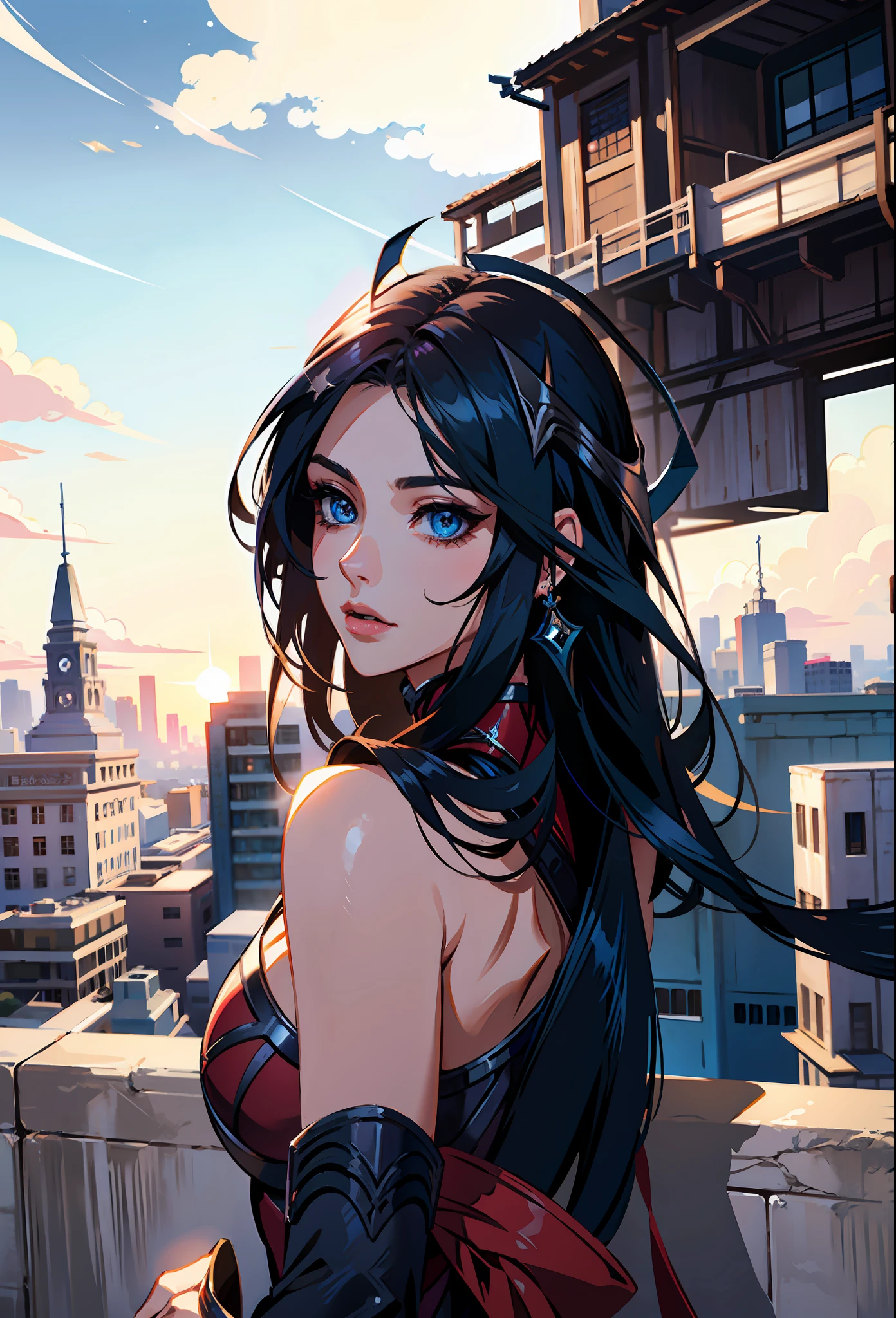 (masterpiece),(best quality:1.0), (ultra highres:1.0), detailed illustration, 8k, anime, 1girl, Irelia1, pretty face, detailed face, beautiful eyes, detailed eyes, blue eyes, black dark blue hair, long hair beautiful hair, highlights in hair, (league of legends), highly detailed