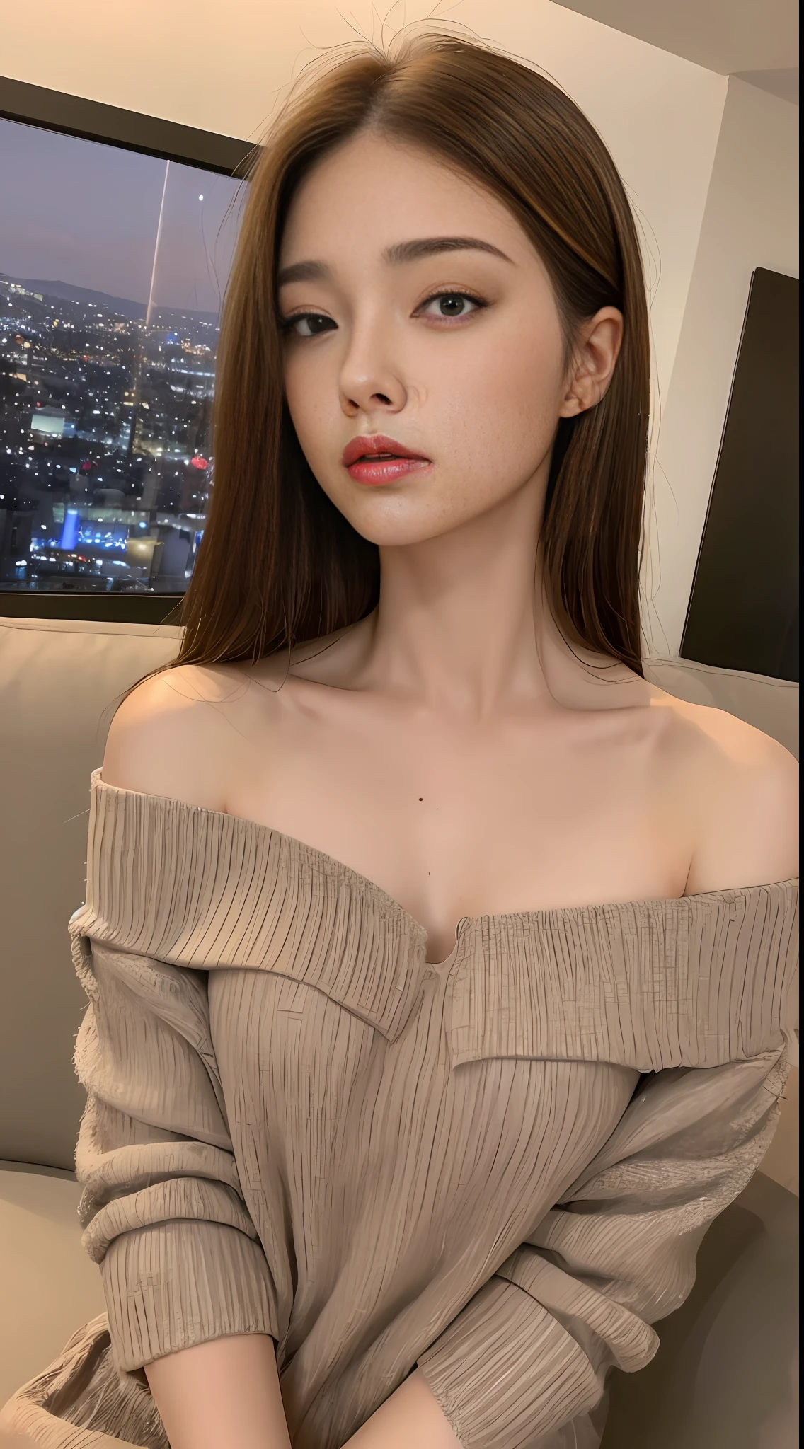 ((Night view, realistic light, best quality, 8k, masterpiece: 1.3)), 1girl, pretty woman with slim figure: 1.4, (brown hair, medium breasts: 1.3), off-the-shoulder cut top: 1.3, sofa, super detailed face, detailed eyes, double eyelids