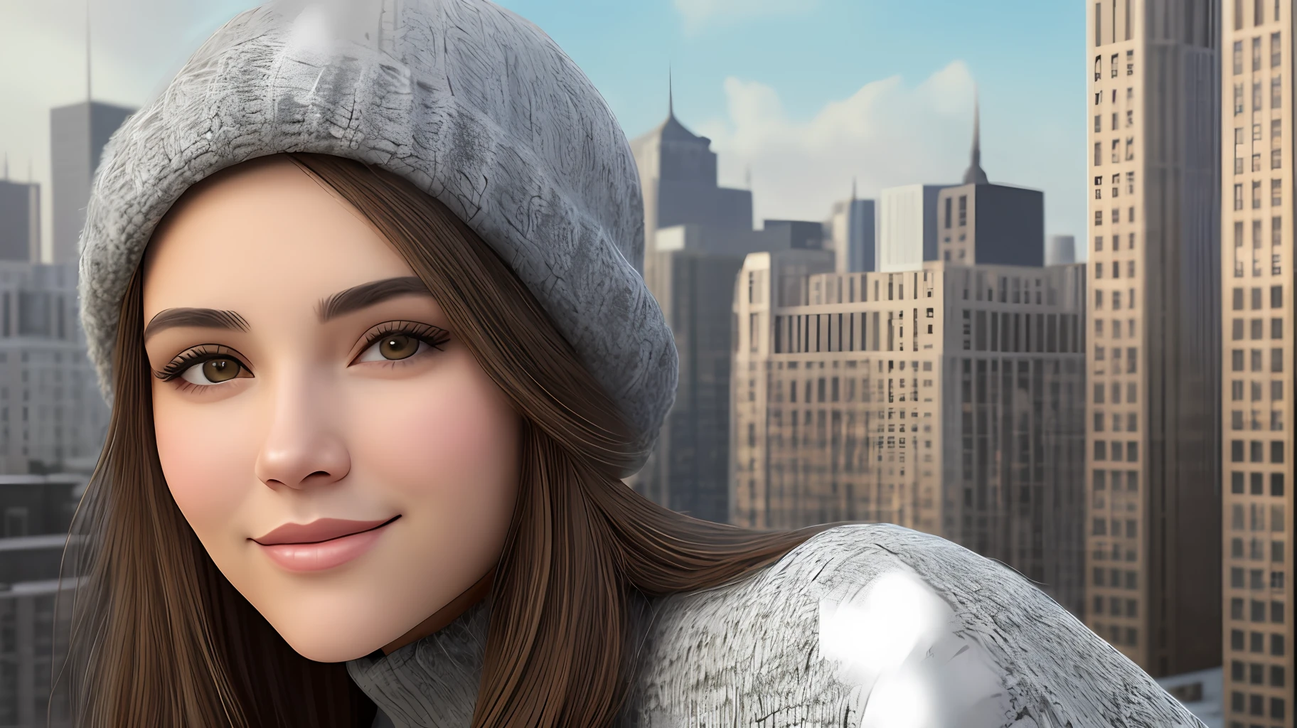 Hyper realistic, close-up, beautiful woman, brown hair, honey brown eyes, alabaster skin, gray skirt, gray sweater, gray hat, in front of city builds. Intricate details. Scenic backgrounds.