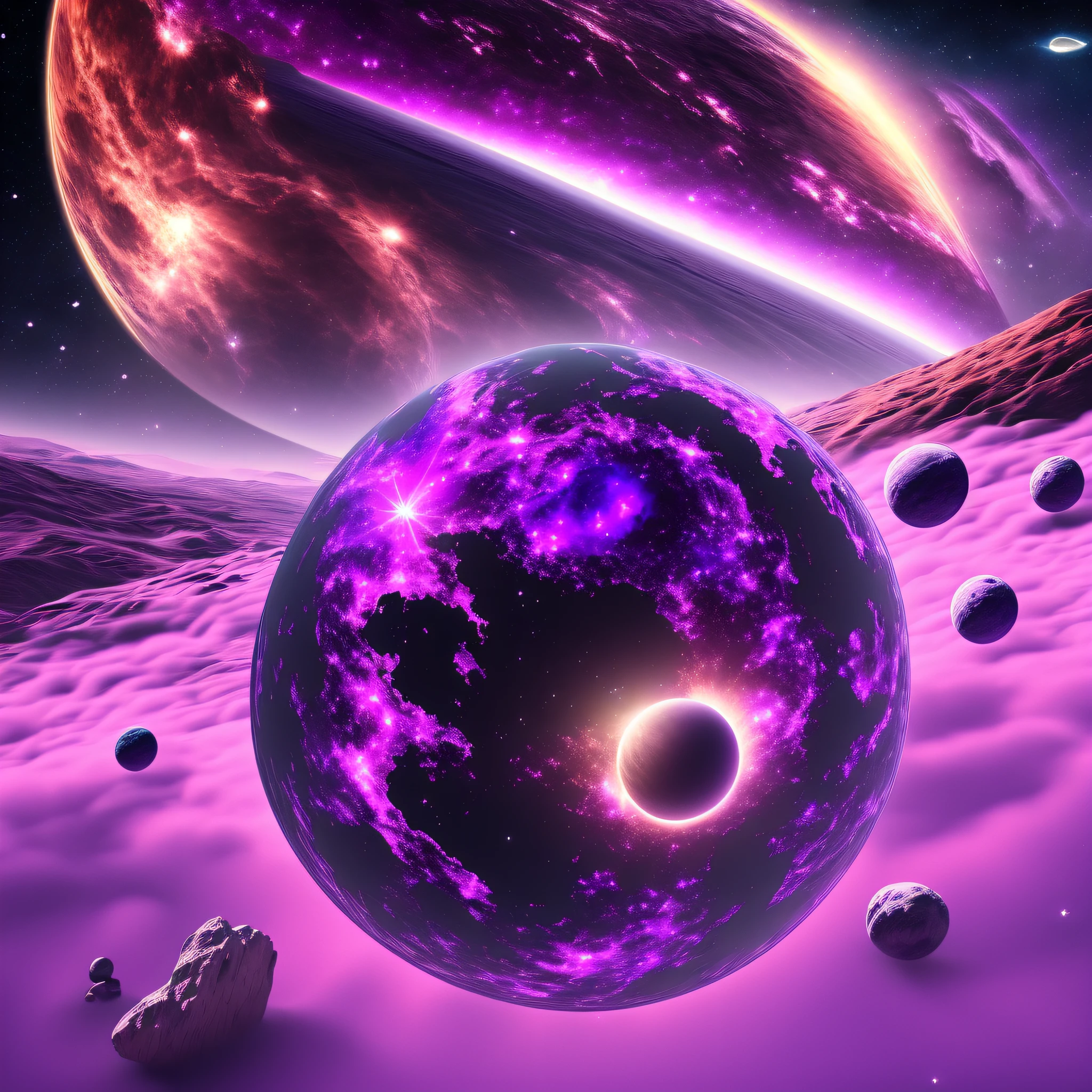 generate planet, realistic, space, 8k, ultra realistic, colorful with shades of purple --auto --s2