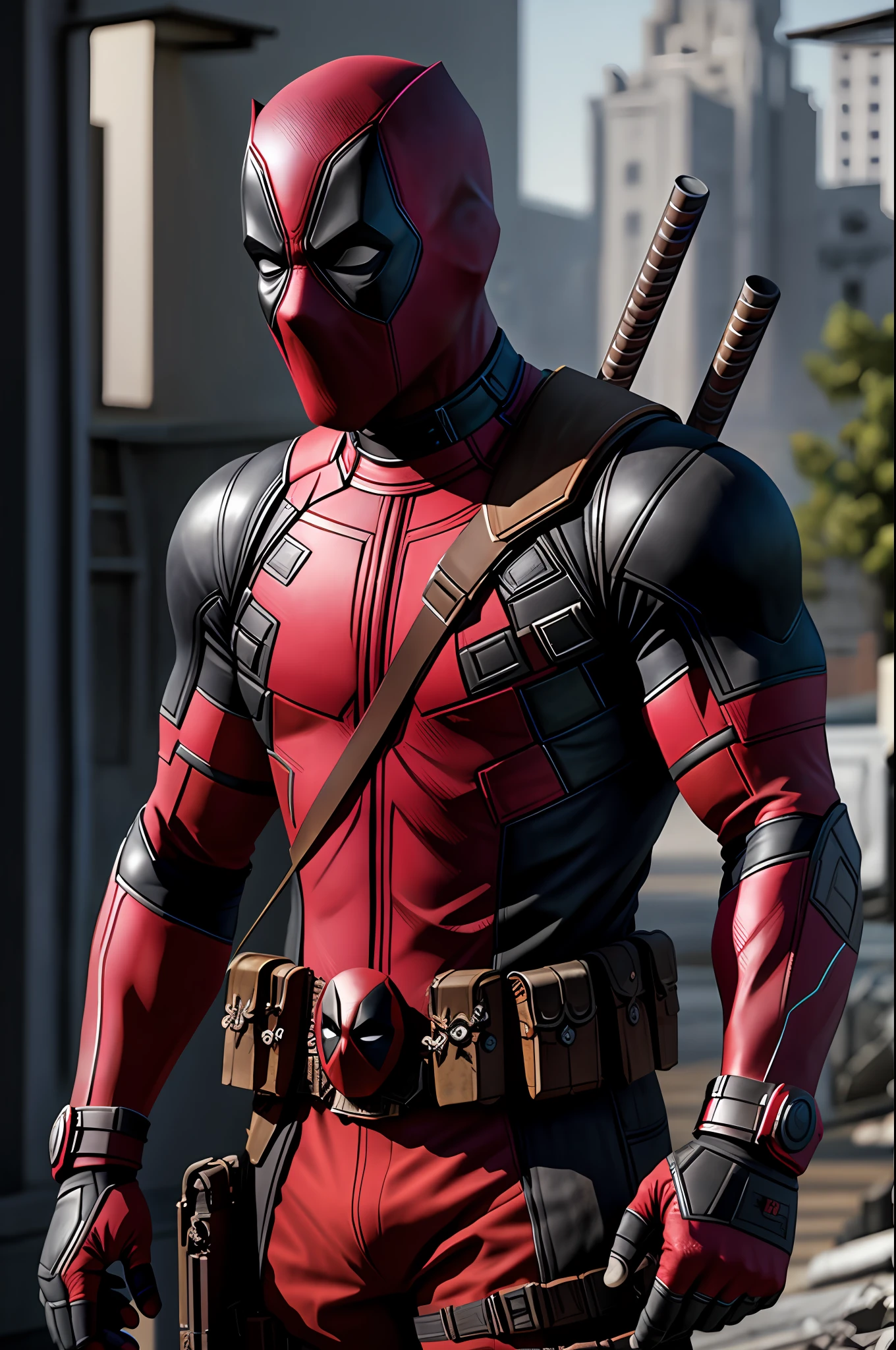 (8k, RAW photo, best quality, masterpiece: 1.2), ultra detailed, official art, photo-realistic: 1.37, upper body shot, marvel deadpool, film grain, action pose, a perfect black face, 30 years, intricate details, diffused light