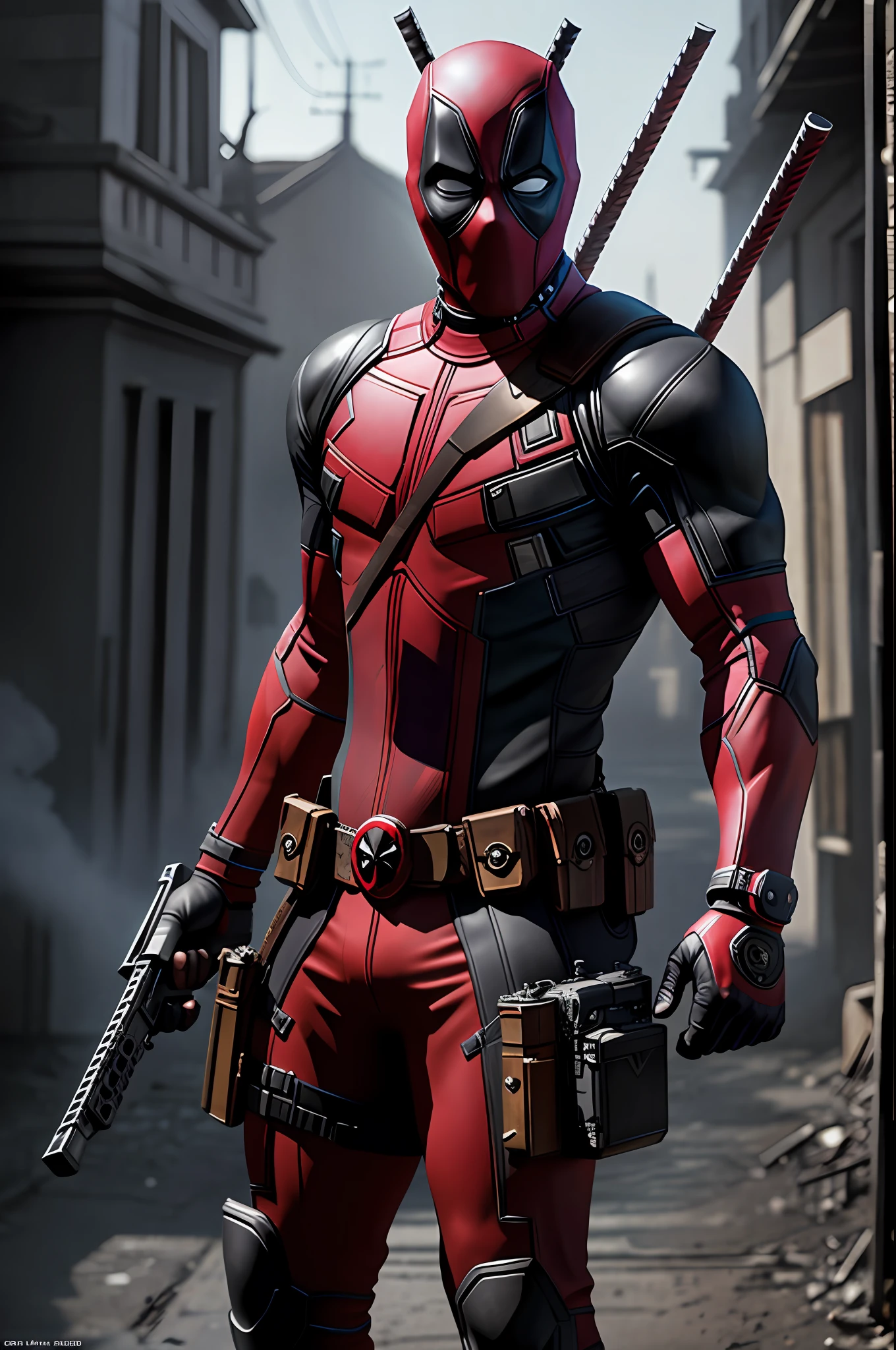(8k, RAW photo, best quality, masterpiece: 1.2), ultra detailed, official art, photo-realistic: 1.37, upper body shot, marvel deadpool, film grain, action pose, a perfect black face, 30 years, intricate details, diffused light