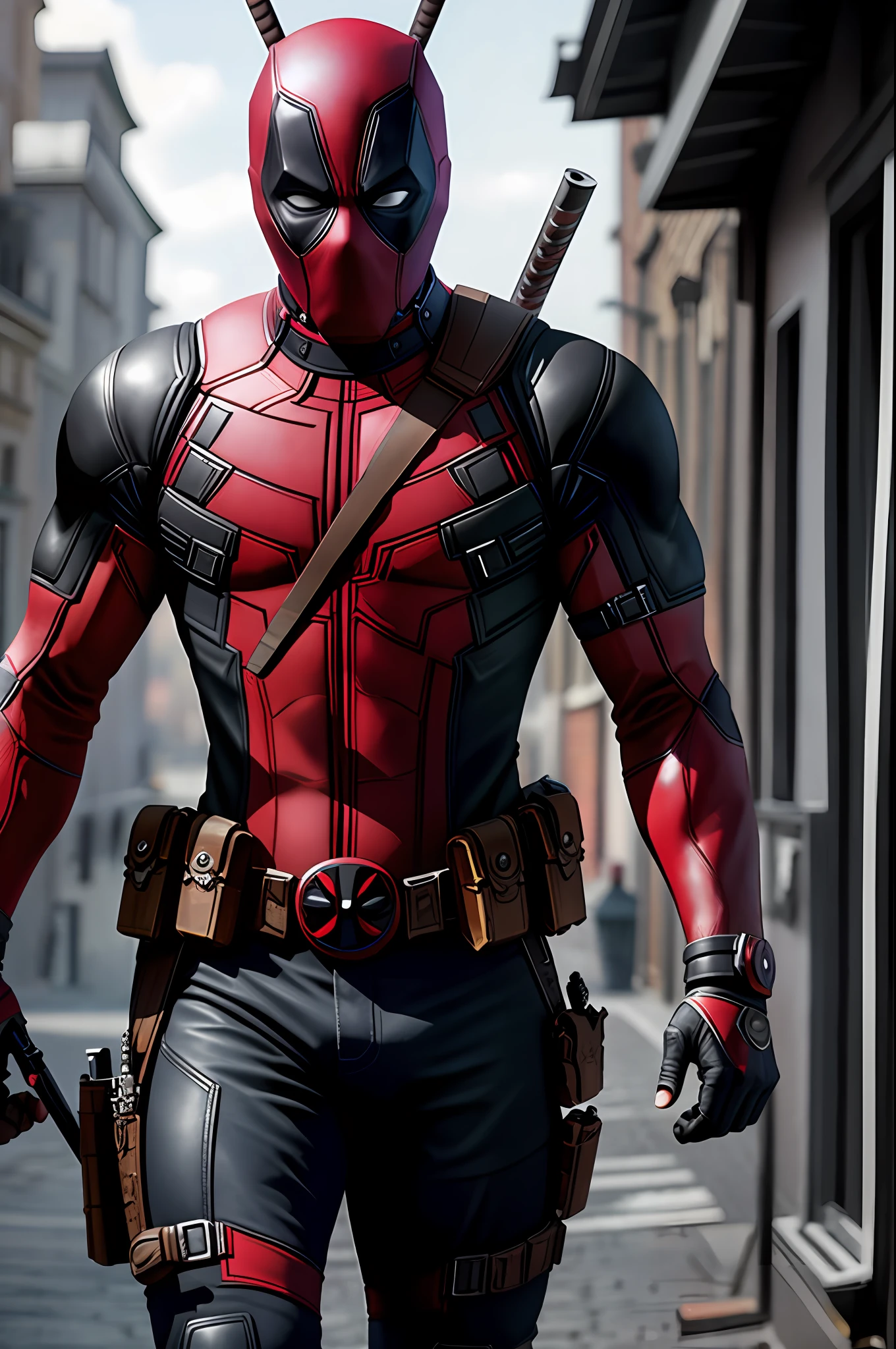 (8k, RAW photo, best quality, masterpiece: 1.2), ultra detailed, official art, photo-realistic: 1.37, upper body shot, marvel deadpool, film grain, action pose, a perfect black face, 30 years, intricate details, diffused light