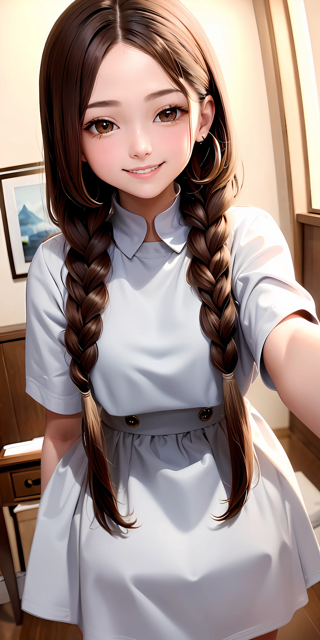 Excellent, masterpiece, brown hair, brown eyes, white clothes, upper body, hair strands, fair skin, side braids, best quality, healing smile