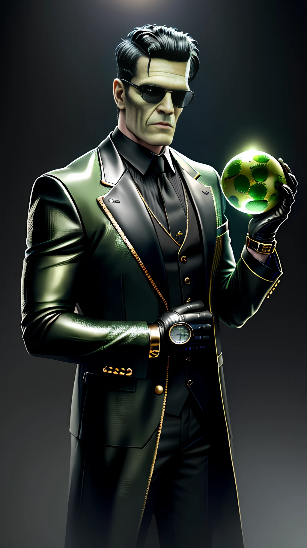 Highly detailed)), ((super realistic)), ((4k image)), ((color balance)), ((expert trait)), Monster Frankenstein, wearing black leather suit, green face, black hair, leather glove, black sunglasses, gold watch, standing, centered on the set, holding sphere with hands, neutral theme, (no duplications).