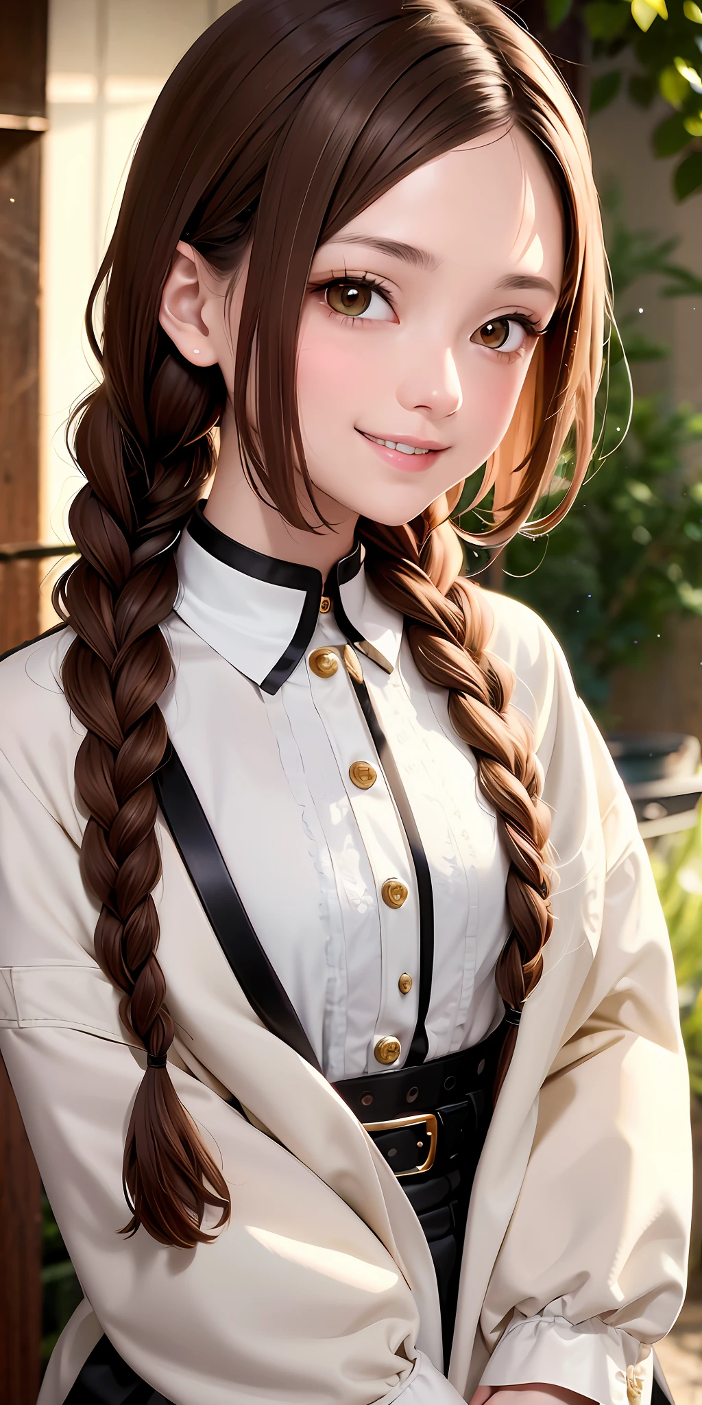 Excellent, masterpiece, brown hair, brown eyes, white clothes, upper body, hair strands, fair skin, side braids, best quality, healing smile