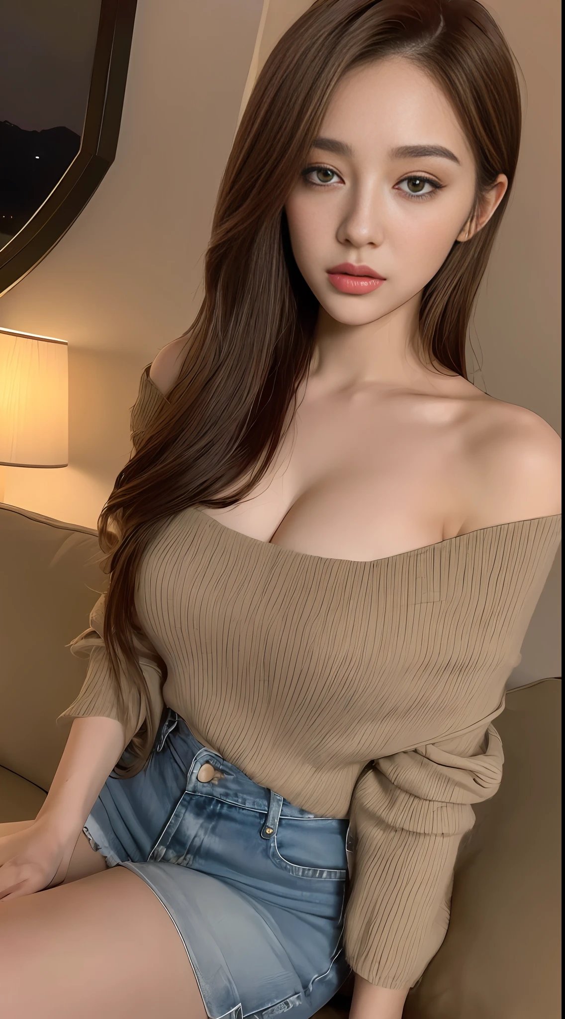 ((Night view, realistic light, best quality, 8k, masterpiece: 1.3)), 1girl, pretty woman with slim figure: 1.4, (brown hair, medium breasts: 1.3), off-the-shoulder cut top: 1.3, sofa, super detailed face, detailed eyes, double eyelids