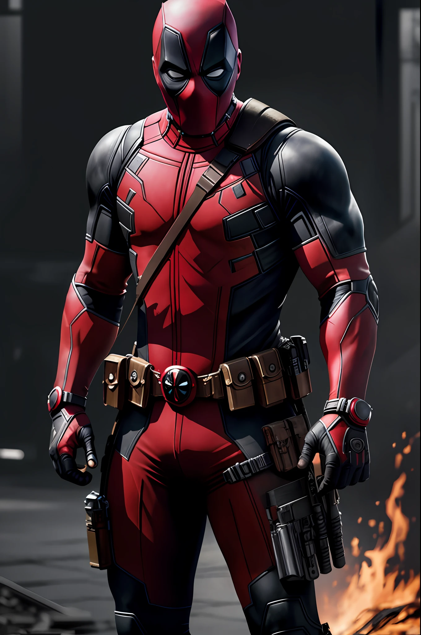 (8k, RAW photo, best quality, masterpiece: 1.2), ultra detailed, official art, photo-realistic: 1.37, upper body shot, (no mask: 1.2), marvel deadpool, film grain, action pose, a perfect black face, 30 years, intricate details, diffused light
