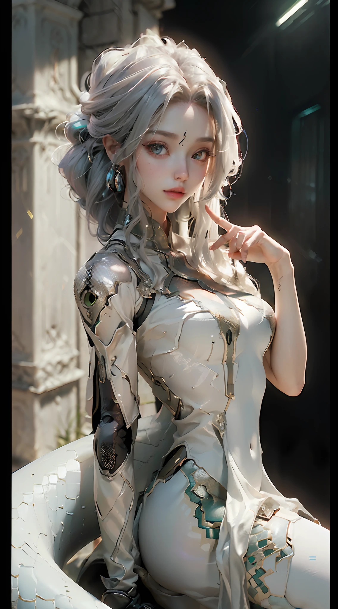 (Best Quality), ((Masterpiece), (Detail: 1.7), 3D, A Beautiful Cyberpunk Female Figure, HDR (High Dynamic Range), Ray Tracing, NVIDIA RTX, Super-Resolution, Unreal 5, Subsurface Scattering, PBR Textures, Post-Processing, Anisotropic Filtering, Depth of Field, Maximum Clarity and Clarity, Multi-layer Textures, Albedo and Highlight Maps, Surface Shading, Precise simulation of light-material interactions, perfect proportions, Octane Render, two-color light, large aperture, low ISO, white balance, rule of thirds, 8K RAW, Queen Medusa, hair is a snake, cute face