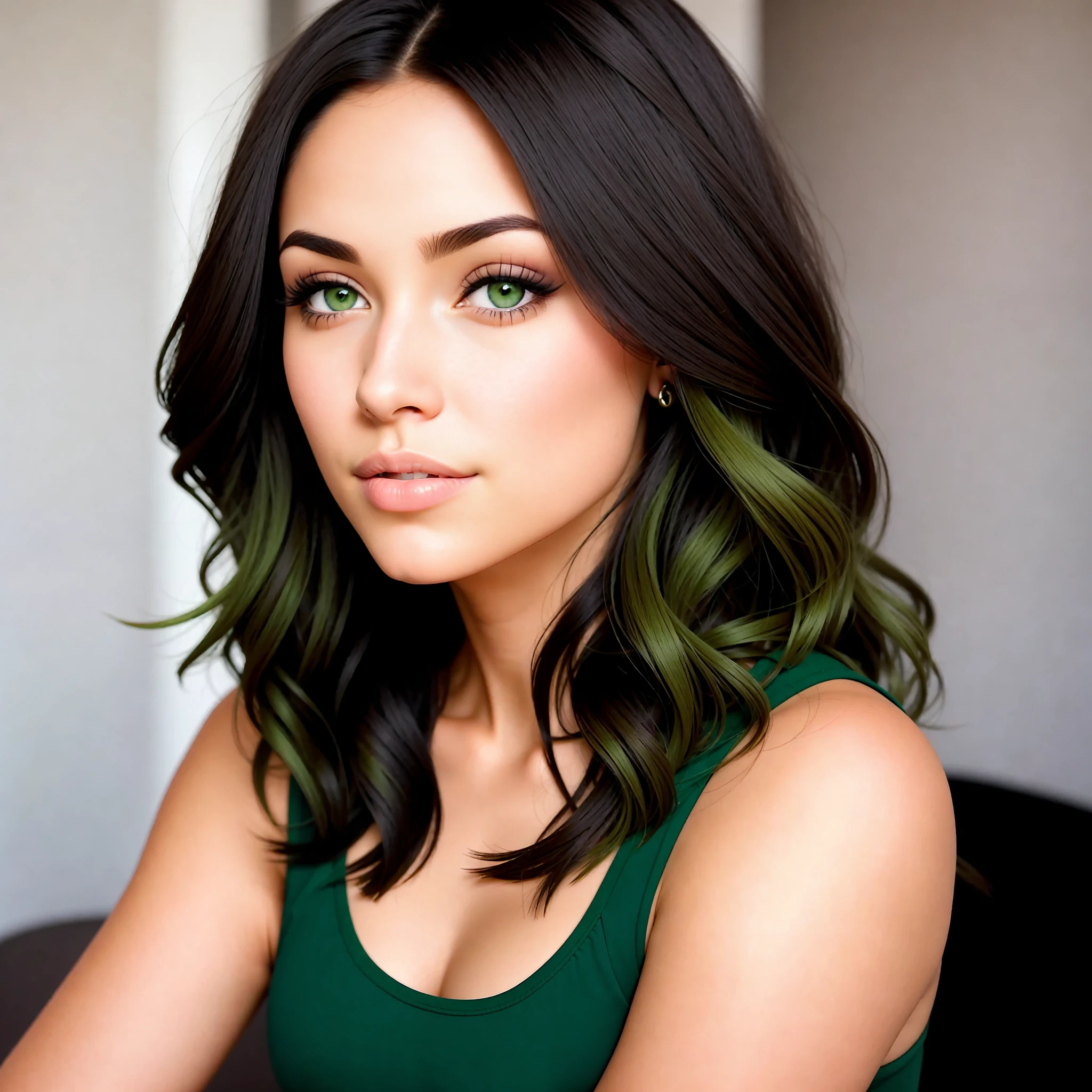 Light-skinned woman, dark hair, green eyes, full body and front