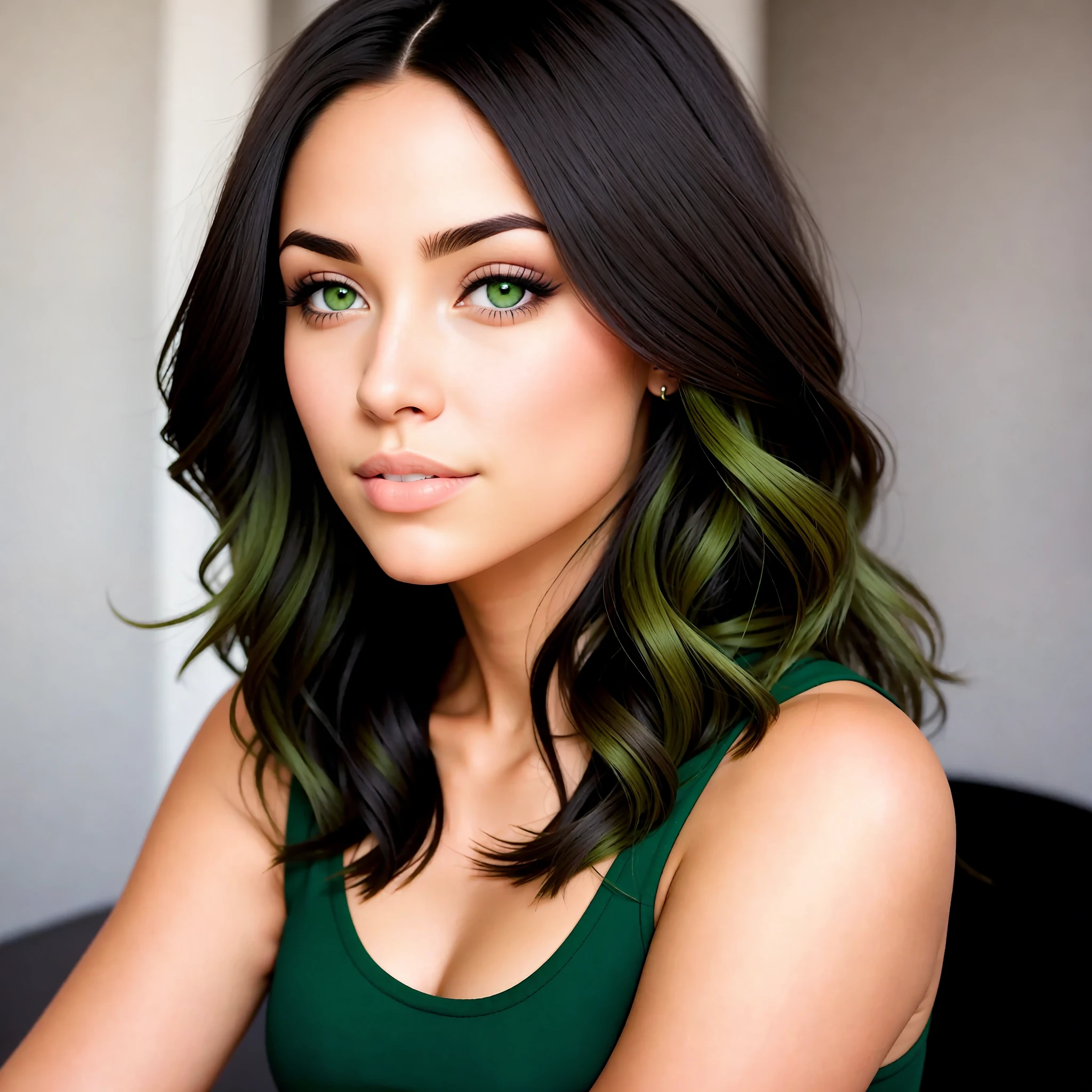 Light-skinned woman, dark hair, green eyes, full body and front