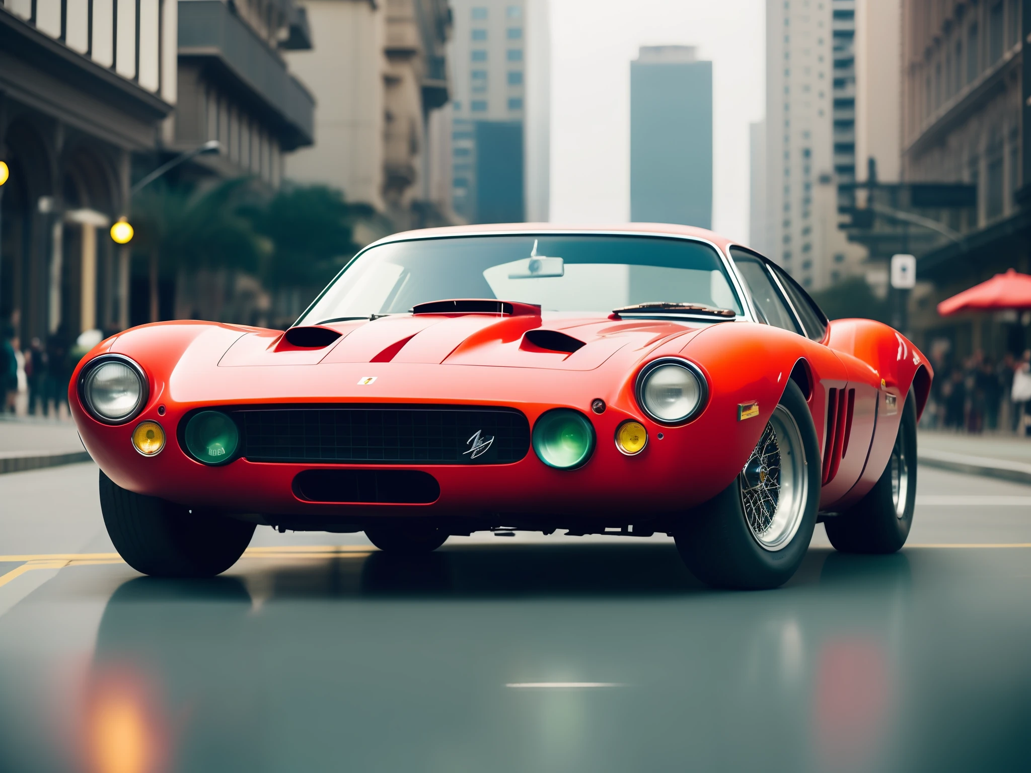 "Fking_scifi_v2, Cyberpunk theme, photo of a ferrari 280 gto, red, red ferrari,with emerald armor and intricate orange details. High detail and sharp focus with a dramatic feel."