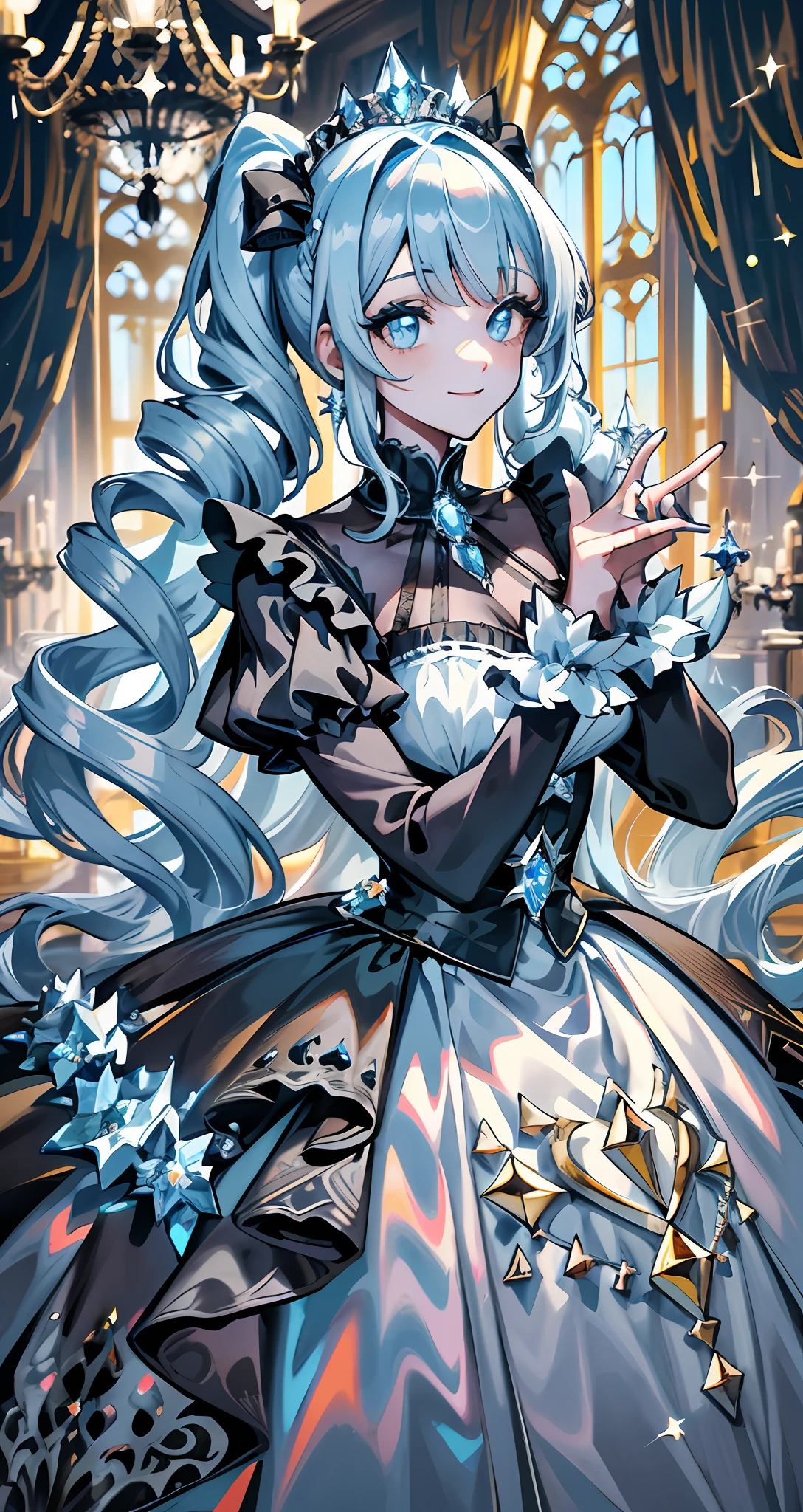 Dramatic composition, court-style dresses, royal, gorgeous, cascading frills, ruffles, bows, crystal chandeliers, Roman curly hairstyles, ponet, double ponytails like drills, look at the camera, bangs, maximalism, palatial background, delicate portrayal of hair and eyes, princess dresses, gorgeous skirts, flowers in hand, smiles, starry eyes, cinematic light, extreme detail, high definition, happy girl, very long hair, diamonds, broken diamonds, crystal fragments, light particles