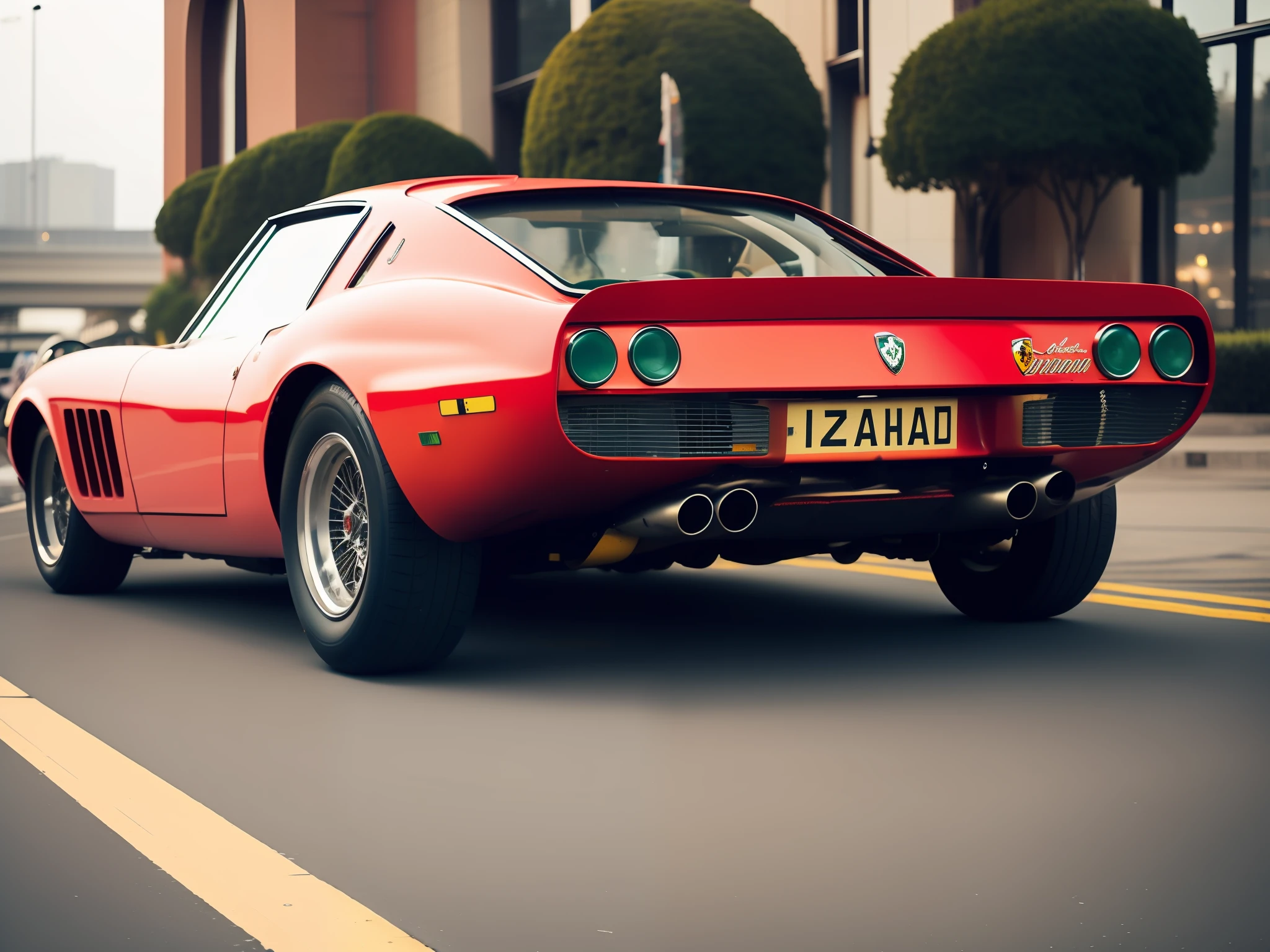 "Fking_scifi_v2, Cyberpunk theme, photo of a ferrari 280 gto, red, red ferrari,with emerald armor and intricate orange details. High detail and sharp focus with a dramatic feel."