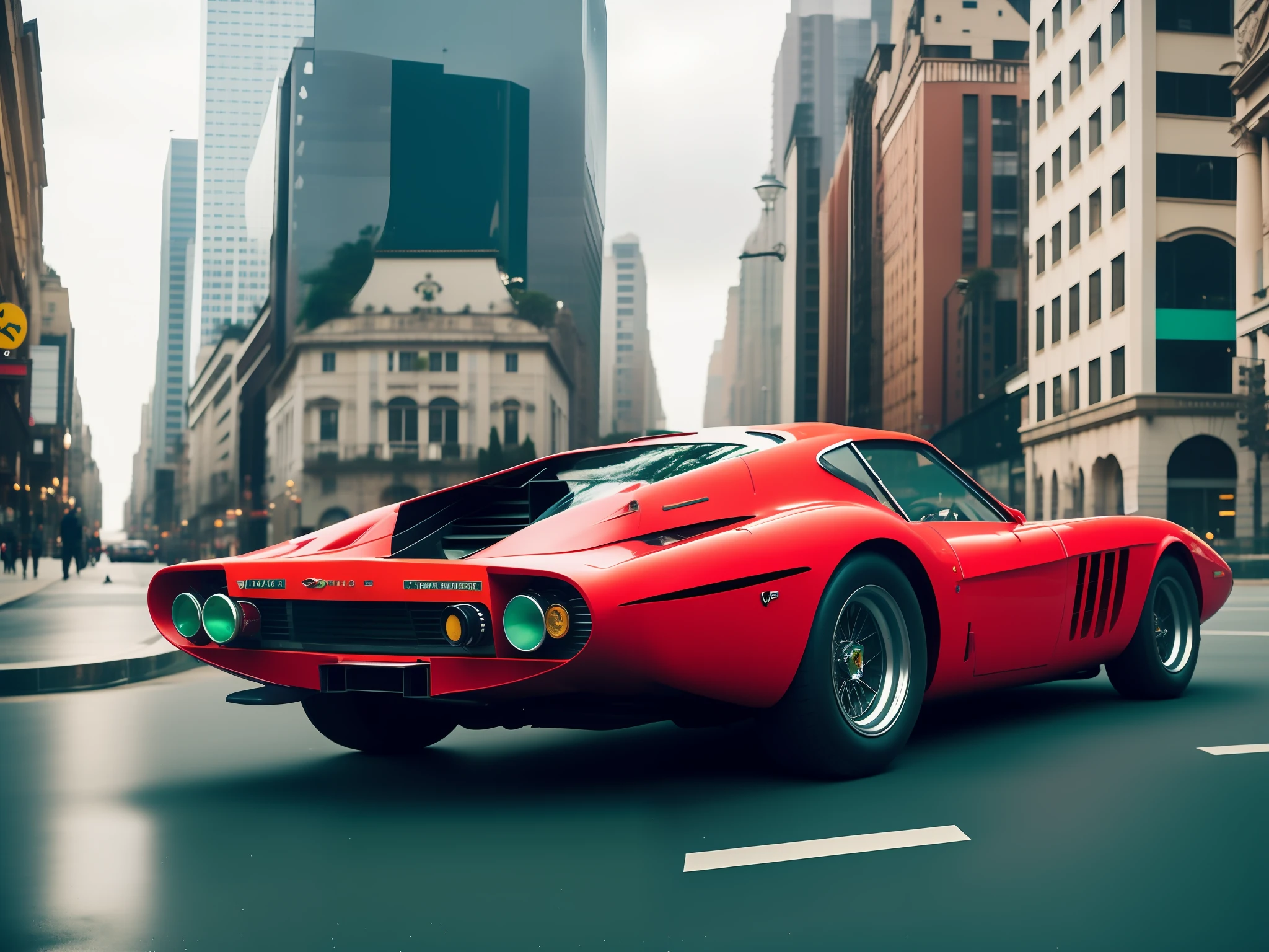 "Fking_scifi_v2, Cyberpunk theme, photo of a ferrari 280 gto, red, red ferrari,with emerald armor and intricate orange details. High detail and sharp focus with a dramatic feel."