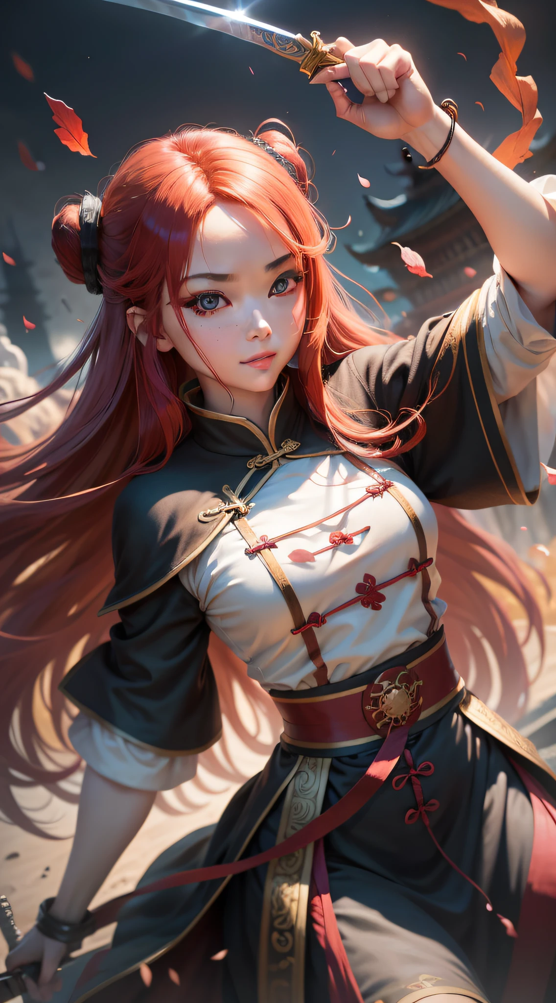 Red head rope, huge eyes, longeyelashes, solid circle eyes, Battlefield, light smile, golden pupil, long hair, The right hand holds a sword, girl, Chinese style, Wearing Hanfu, Surrealism, drop shadow, anaglyph, stereogram, tachi-e, pov, atmospheric perspective, 8k, super detail, ccurate, best quality, UHD, masterpiece, ccurate, highres