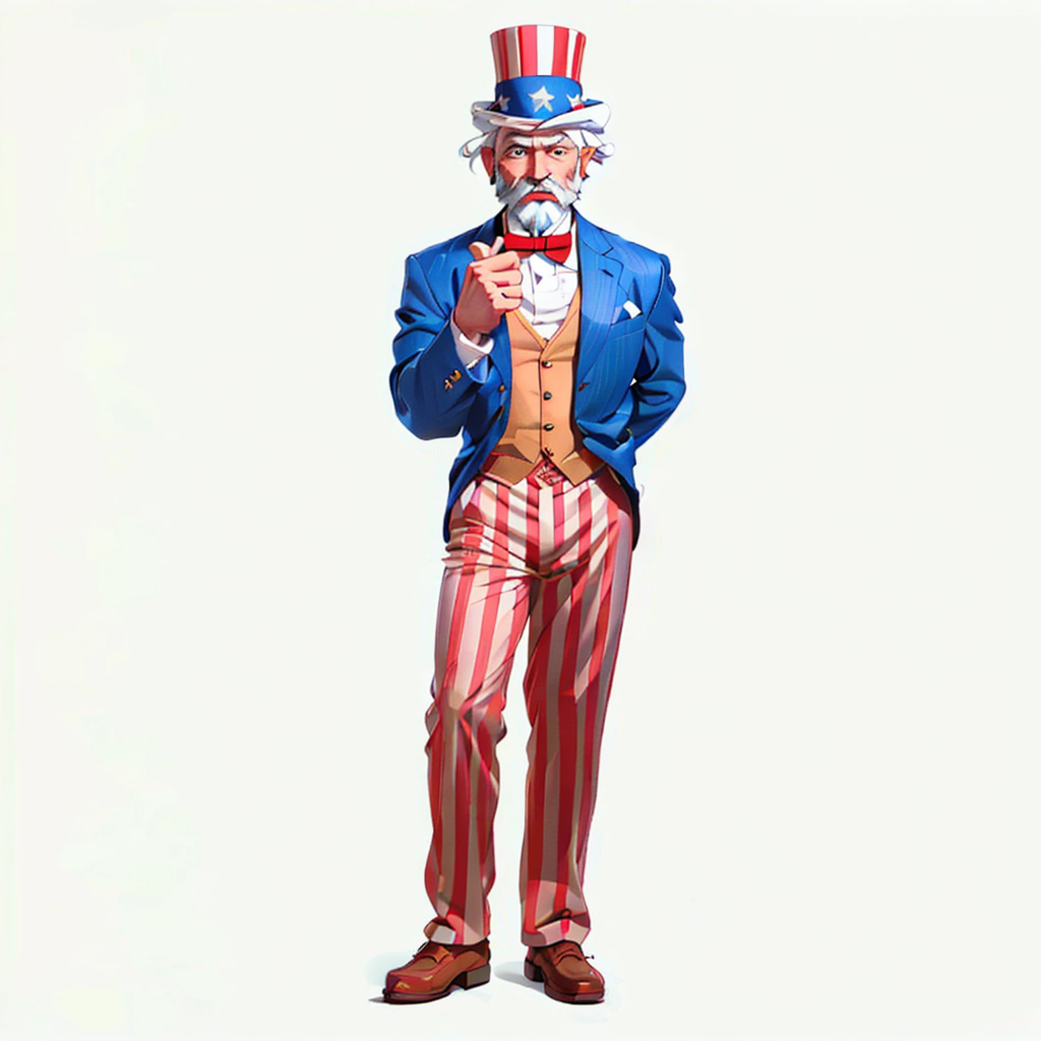 (white background) (8k, original, photo, best quality, masterpiece), (radiosity, physically based rendering, auto white balance), cartoon, 2D, unity, official art, amazing, fine details, extremely delicate beauty, very detailed, uncle sam, hat with star texture, fingers pointing forward, american style, white shirt, blue suit, red and white striped pants, disney style, red bow, ghibli-like color, anime style, white beard on chin, smooth beard, clean beard, 5 fingers, old one, index finger pointing forward,