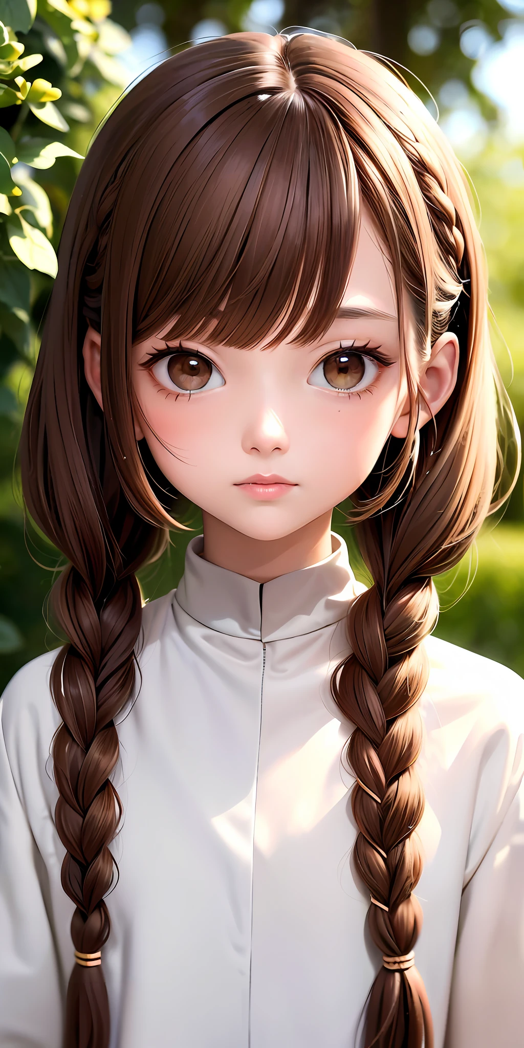 Excellent, masterpiece, brown hair, brown eyes, white clothes, upper body, hair strands, fair skin, side braids, best quality,