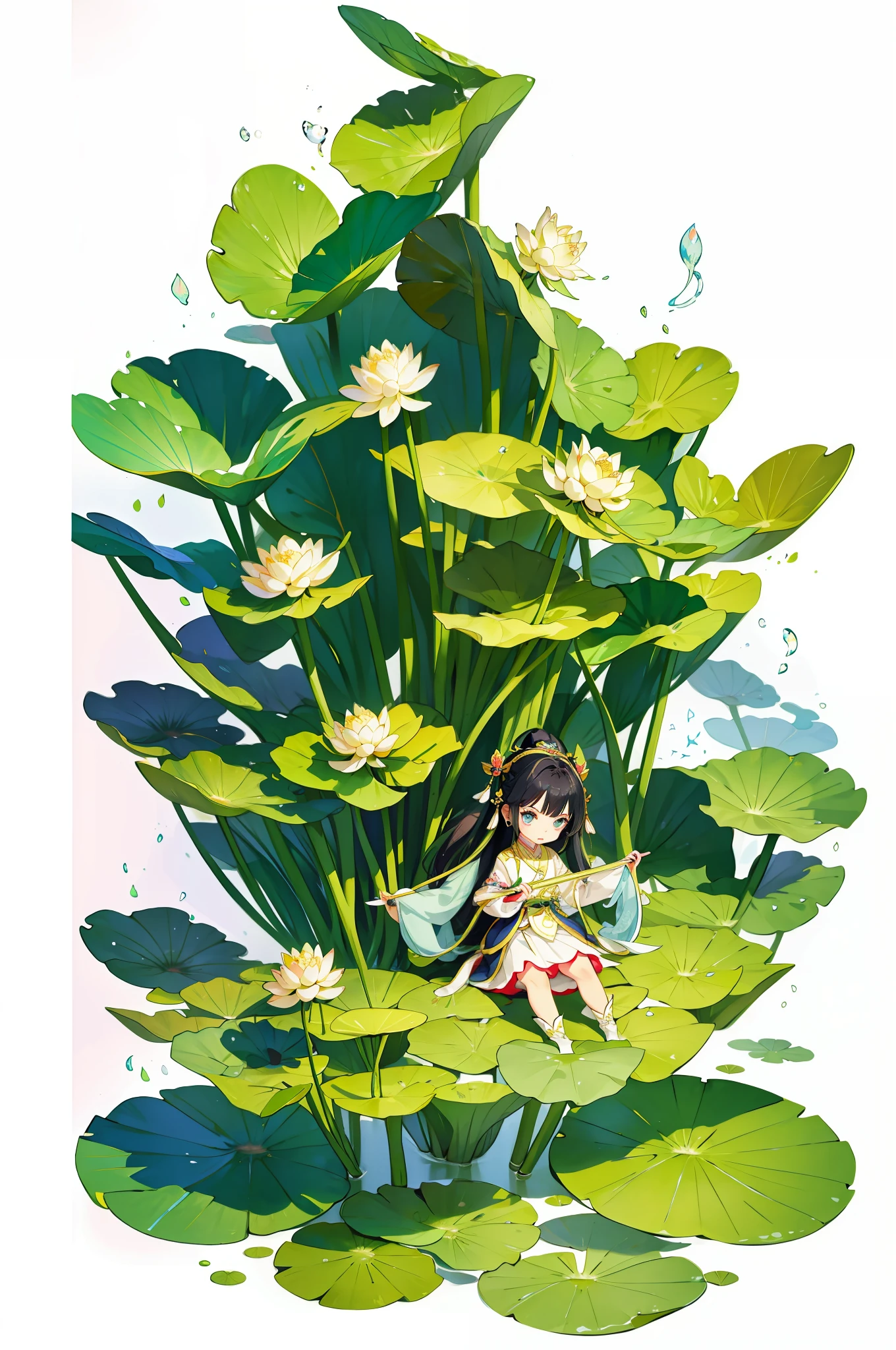 Big lotus leaf, lotus flower, ink painting style, clean color, ink style, blending, decisive cutting, white space, freehand, lotus fairy, Dunhuang flying sky, a little girl, young girl, cartoon, big-headed doll, cute, playful, ethereal, curved, feminine, masterpiece, super detailed, epic composition, high quality, highest quality, ,antique,
