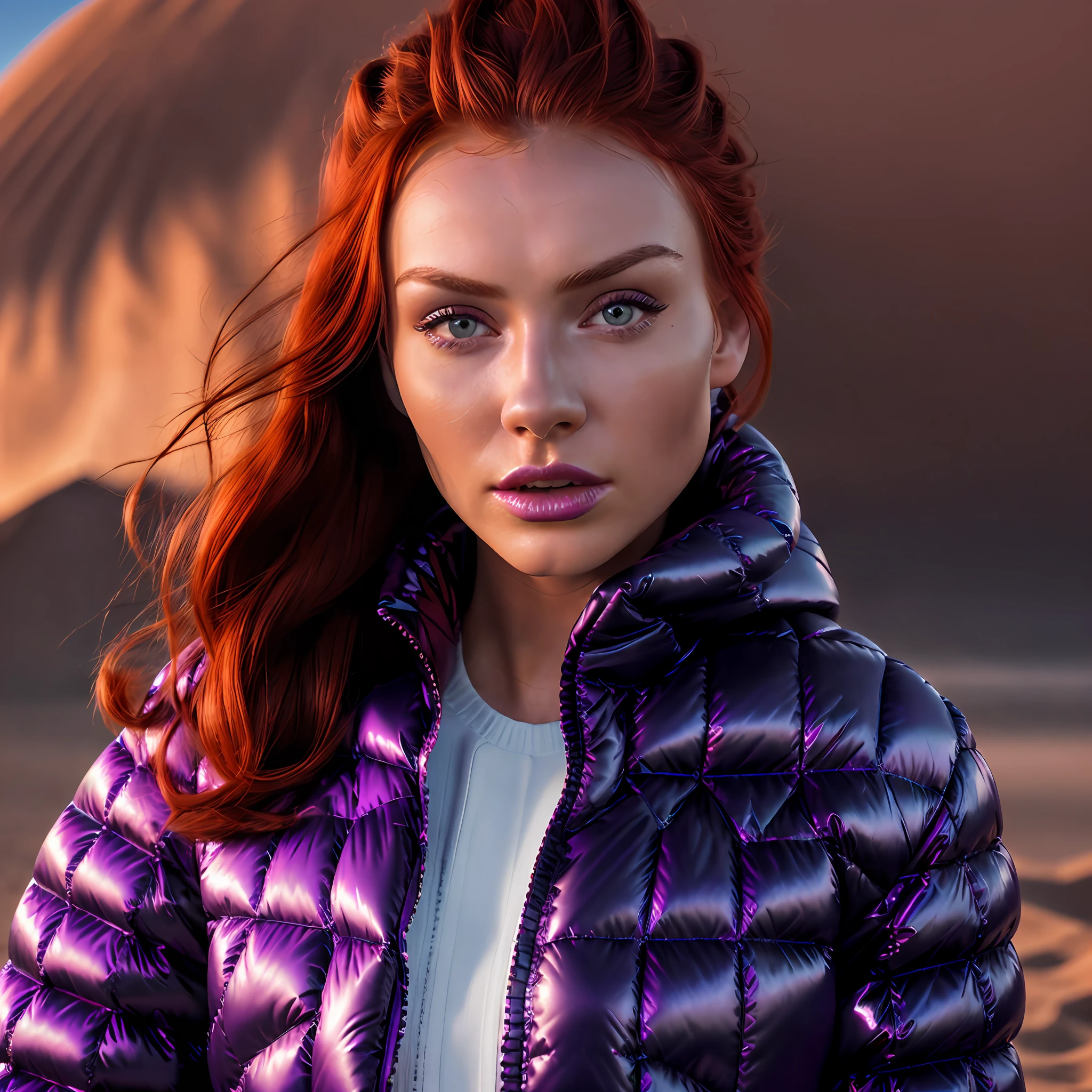 Creates a hyper realis image of a (full-body woman) with perfect Irish Nordic facial features, redhead natural red hair, with pleasant expression, wearing ((Balenciaga puffer oversized style jacket:1.5 detailed)) (((purple vivid color neon metallic reflective)), walking elegantly towards the camera in the Sahara desert with intense desert sun illumination warm colors, Hyper realistic natural landscape realistic desert colors, best image quality, high resolution photography camera lens 100mm