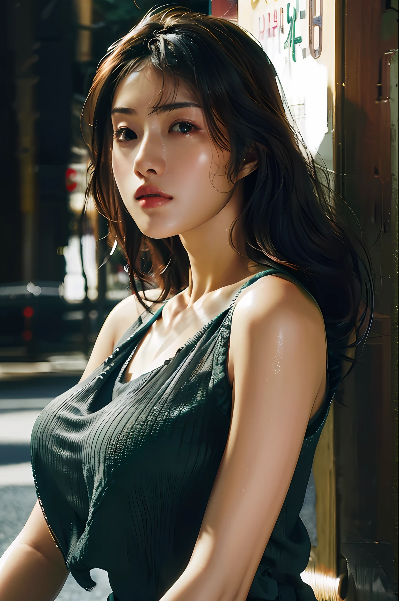 Top Quality, Masterpiece, Ultra High Definition, (Photorealistic: 1.4), Raw Photo, 1 Girl, Dark Hair, Glossy Skin, Dramatic Lighting, Full Body,, Green Tank Top, Colossal