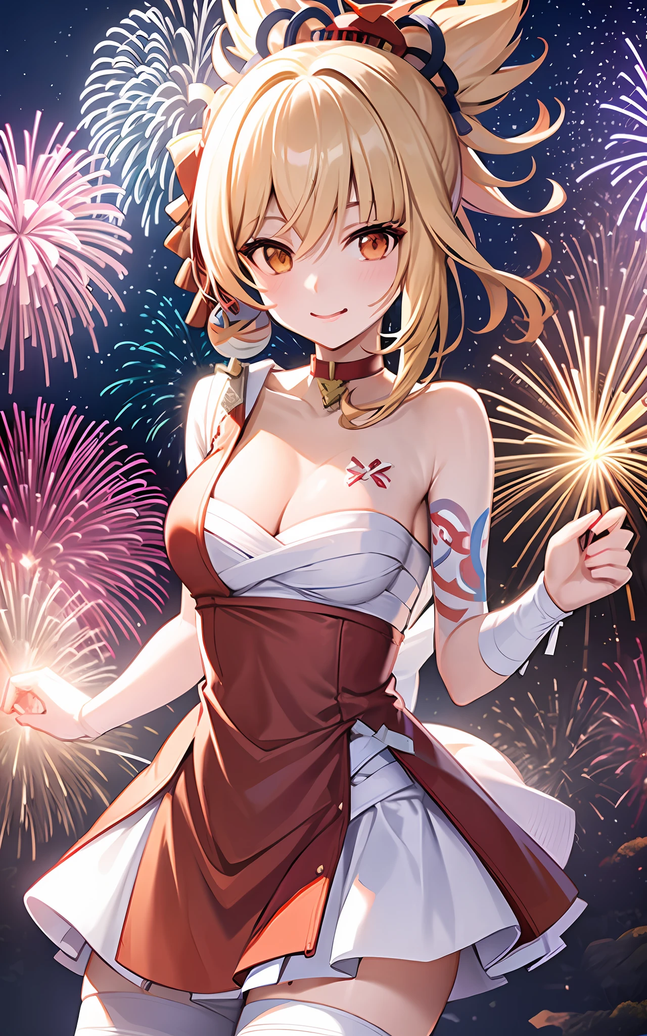 1girl, red wedding dress, white suspender stockings, amusement park, medium breast, wink, ultra hd, ultra detail