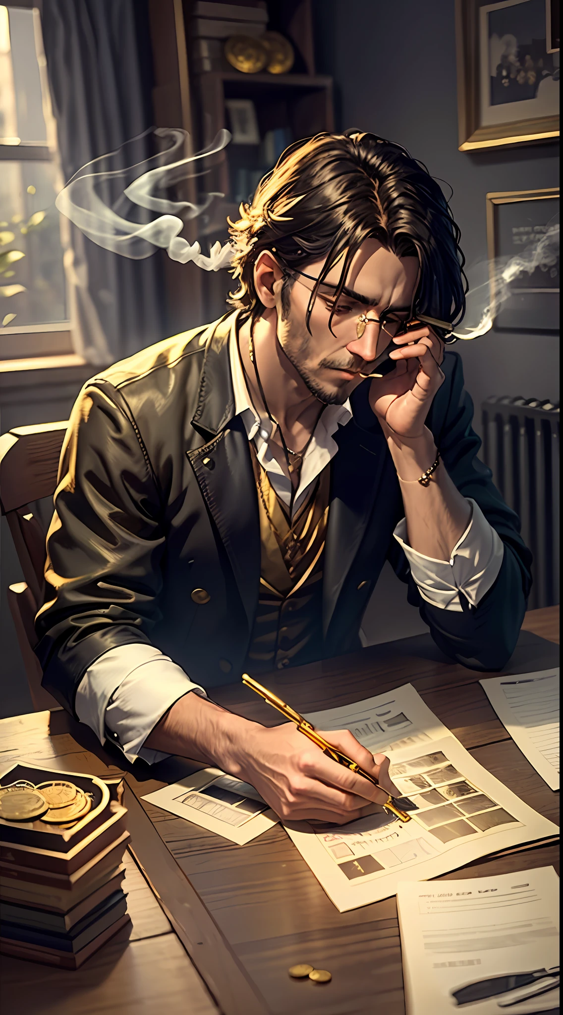 Dark room, a man sitting, a table full of gold coins, a man smoking