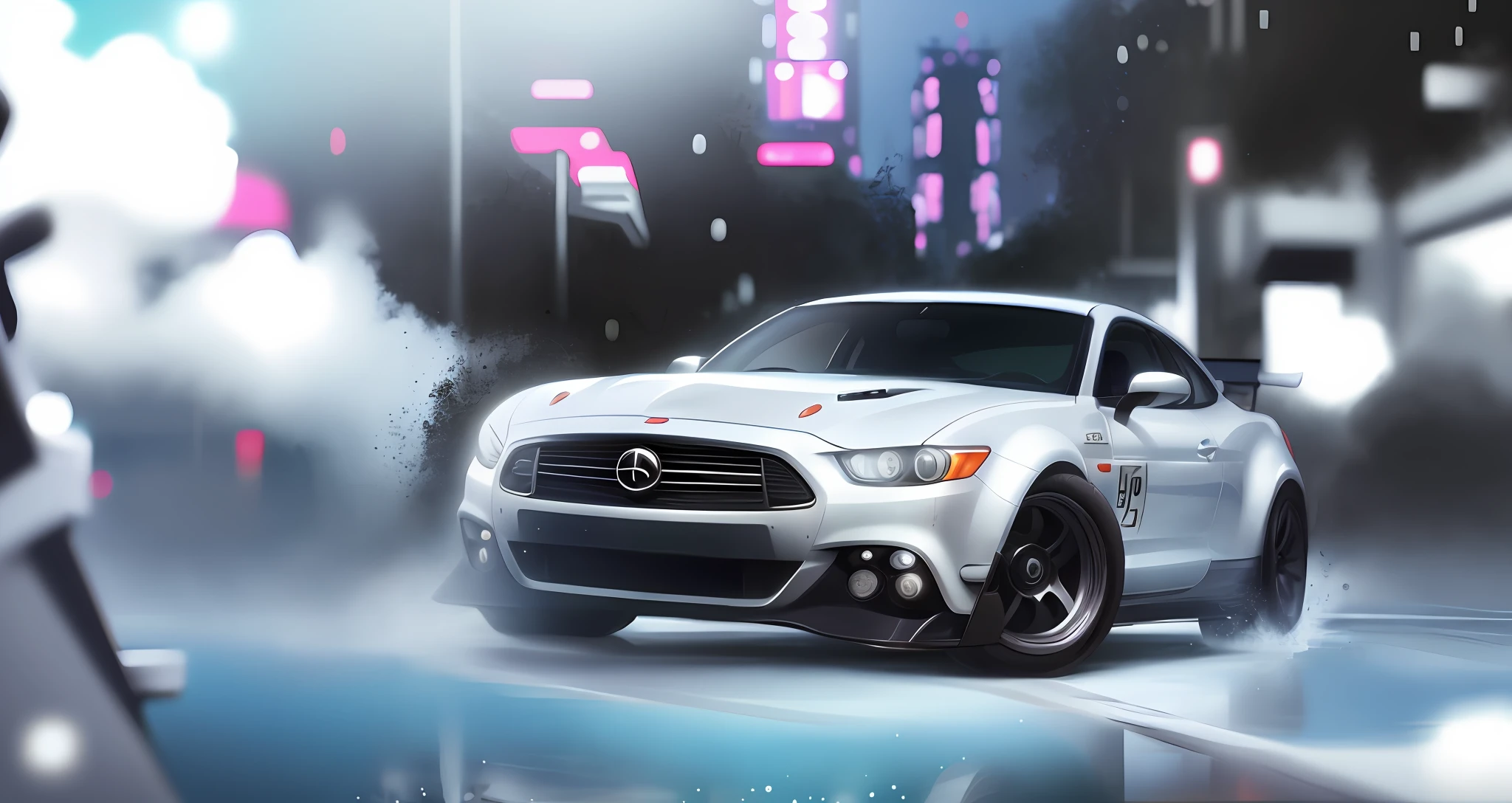 Image description: anime, transformation of photo into realistic anime, high level of detail, best quality, female character, big eyes and kawaii, black hair caught in braid, white bow on the head, wearing racing uniform next to the car portrait wallpaper