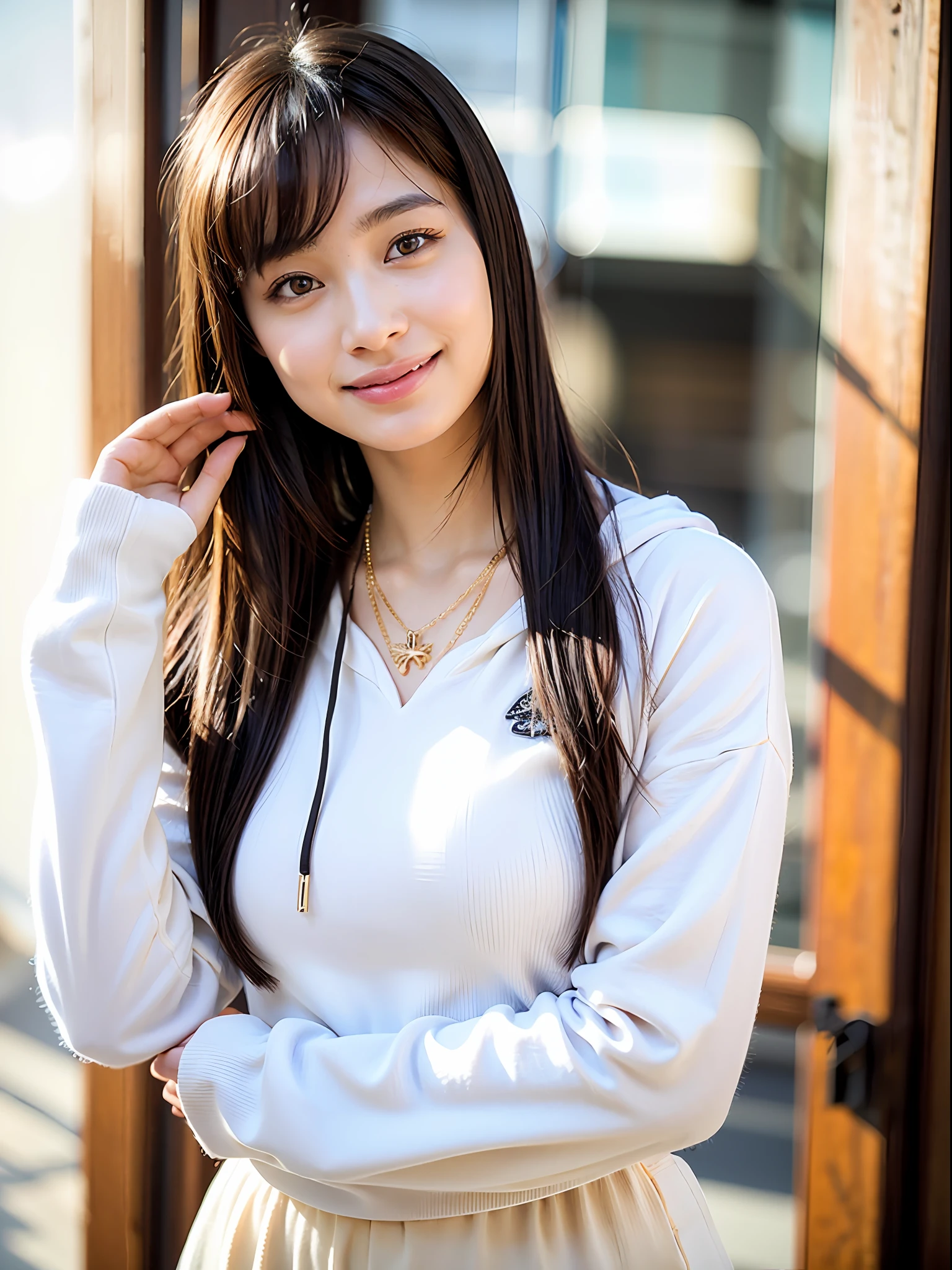 18 year old girl with perfect face and big breasts, café, hands raised, hands down, smiling, cute clothes, slim and slender physique. The skin has detailed and highly detailed eyes (1.1 emphasis), very detailed skin texture (1.1 emphasis). slender necklace, model photo style, photorealistic, skin texture is real human skin texture, detailed skin pores, intricate details, eyes are very detailed, black casual hoodie, cream skirt