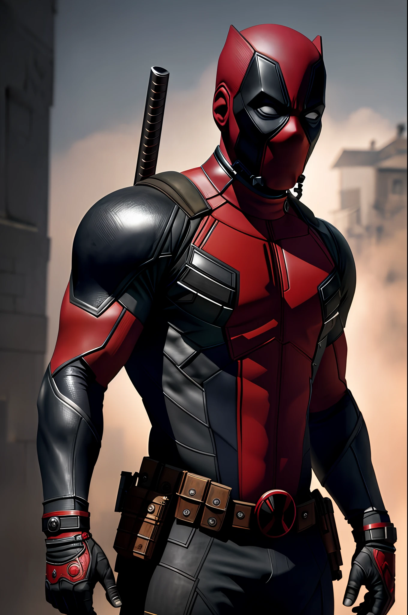 (8k, RAW photo, best quality, masterpiece: 1.2), ultra detailed, authorial art, photo-realistic: 1.37, upper body shot, (no mask: 1.2), face of a black man, model, marvel deadpool, film grain, action pose, a perfect black face, 30 years, intricate details, diffused light