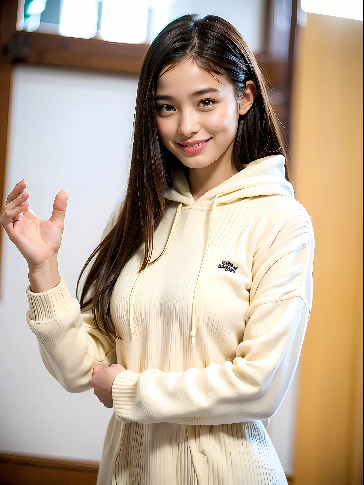 18 year old girl with perfect face and big breasts, café, hands raised, hands down, smiling, cute clothes, slim and slender physique. The skin has detailed and highly detailed eyes (1.1 emphasis), very detailed skin texture (1.1 emphasis). slender necklace, model photo style, photorealistic, skin texture is real human skin texture, detailed skin pores, intricate details, eyes are very detailed, black casual hoodie, cream skirt