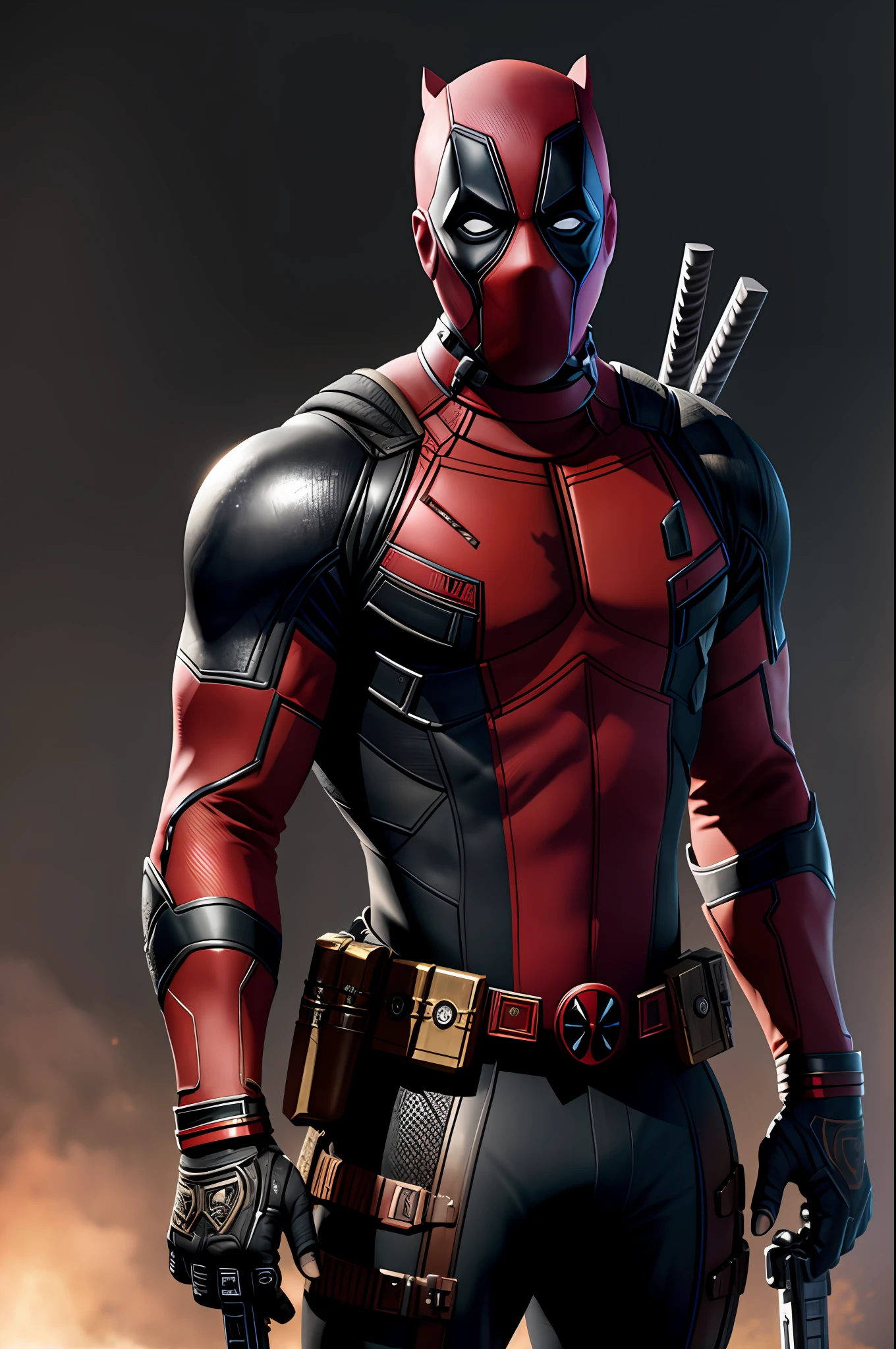 (8k, RAW photo, best quality, masterpiece: 1.2), ultra detailed, authorial art, photo-realistic: 1.37, upper body shot, (no mask: 1.2), face of a black man, model, marvel deadpool, film grain, action pose, a perfect black face, 30 years, intricate details, diffused light