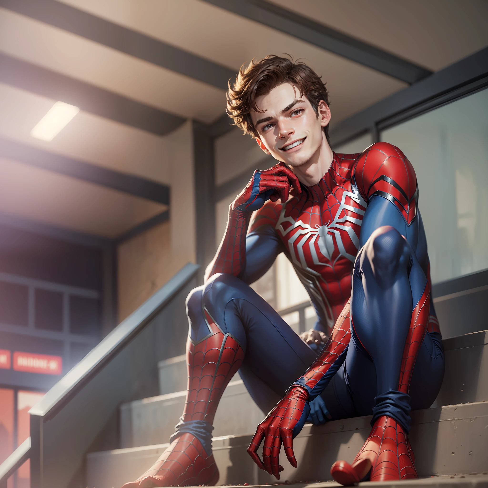 spider - man in a red and blue suit sitting on a step, andrew garfield, peter parker, peter parker as spiderman, giddy smirk, spider - man, spider-man, spiderman, the amazing spider man 2, tom holland, smiling maniacally, portrait of spiderman, confident smirk, spiderman in the moshpit, he looks like tye sheridan