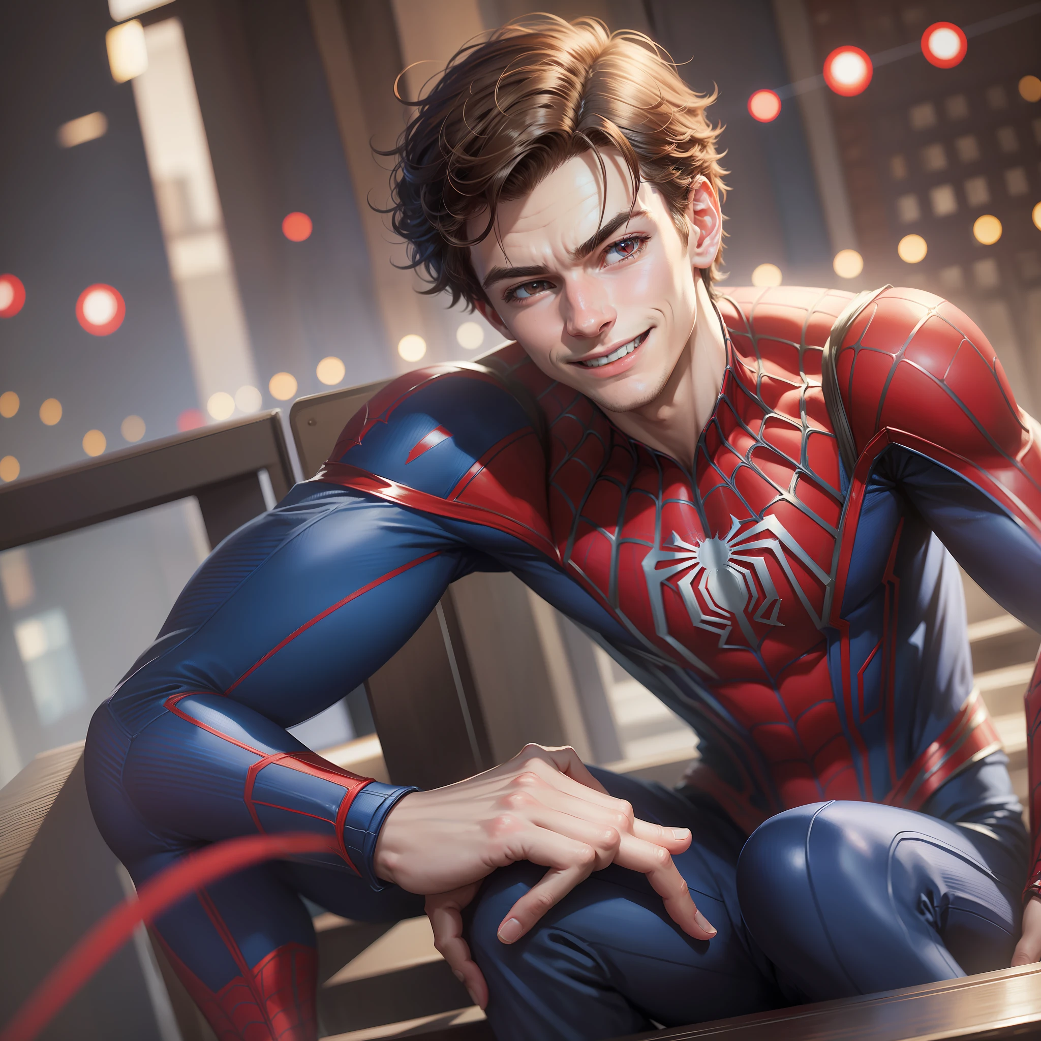 spider - man in a red and blue suit sitting on a step, andrew garfield, peter parker, peter parker as spiderman, giddy smirk, spider - man, spider-man, spiderman, the amazing spider man 2, tom holland, smiling maniacally, portrait of spiderman, confident smirk, spiderman in the moshpit, he looks like tye sheridan