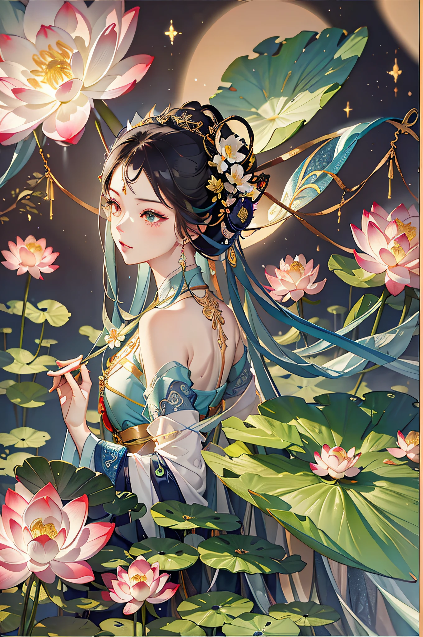 Big lotus leaves, lotus flowers, ink painting style, clean colors, ink style, blending, decisive cutting, white space, freehand, lotus fairy, Dunhuang flying sky, a fairy, top down, ethereal, curved, feminine, masterpiece, super detailed, epic composition, high quality, highest quality, , antique style,