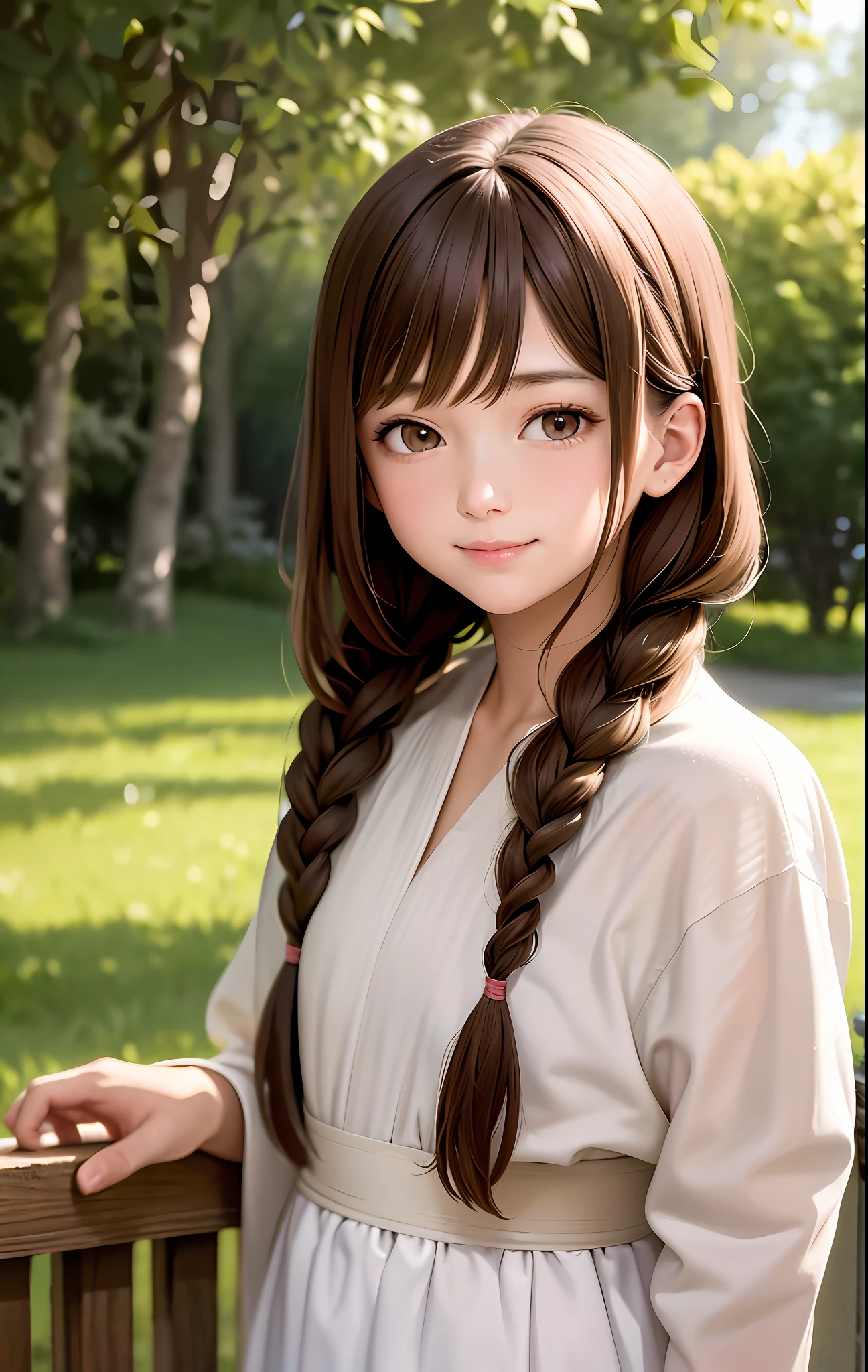 Excellent, masterpiece, brown hair, brown eyes, white clothes, upper body, hair strands, fair skin, side braids, best quality, healing smile, pastoral style.