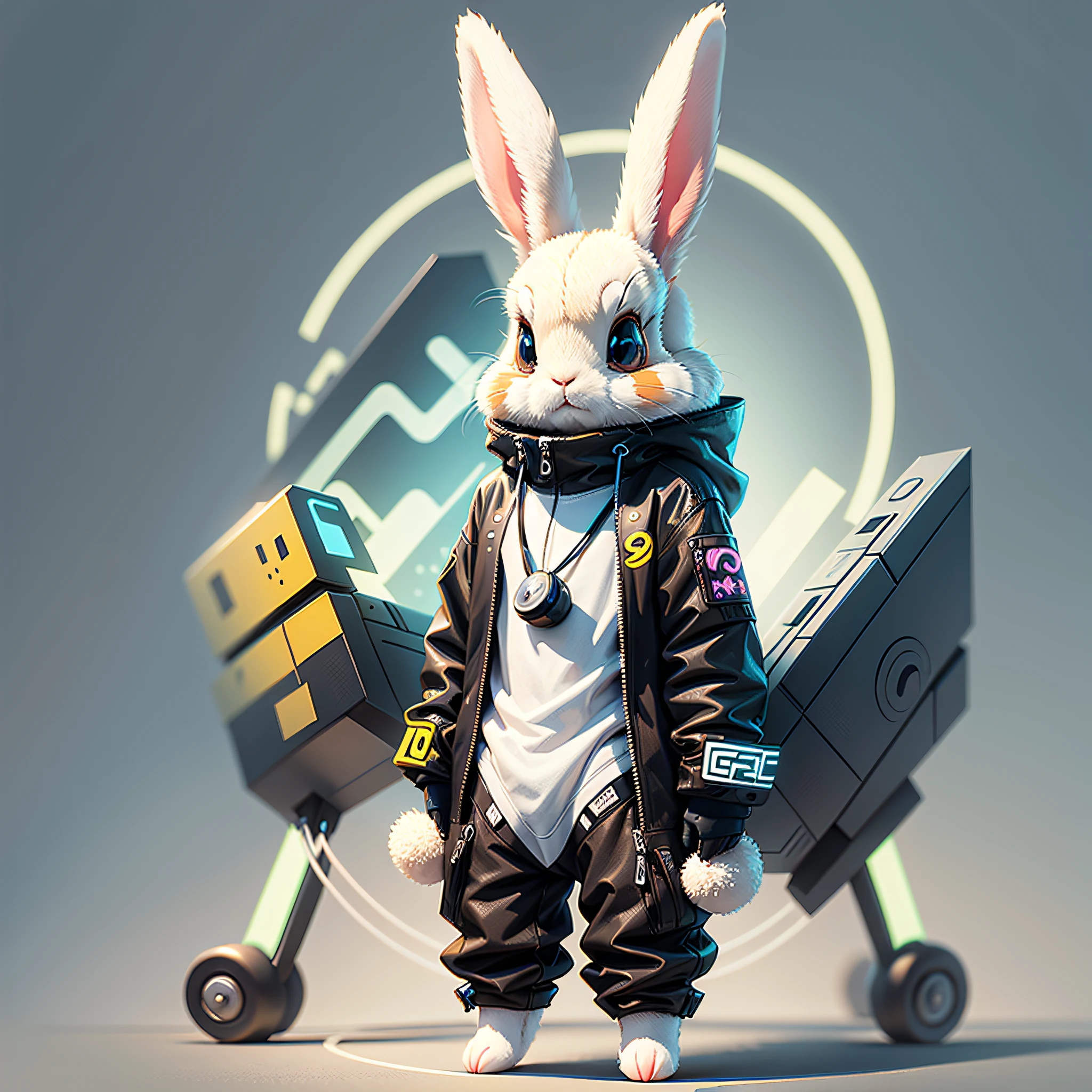 Cartoon animal design, flat style cute rabbit full body photo, simple but not lost sense of design, fresh flat style, cyberpunk elements applied freely, front view presents a charming cute posture, feet hanging down in a cute posture. --auto --s2
