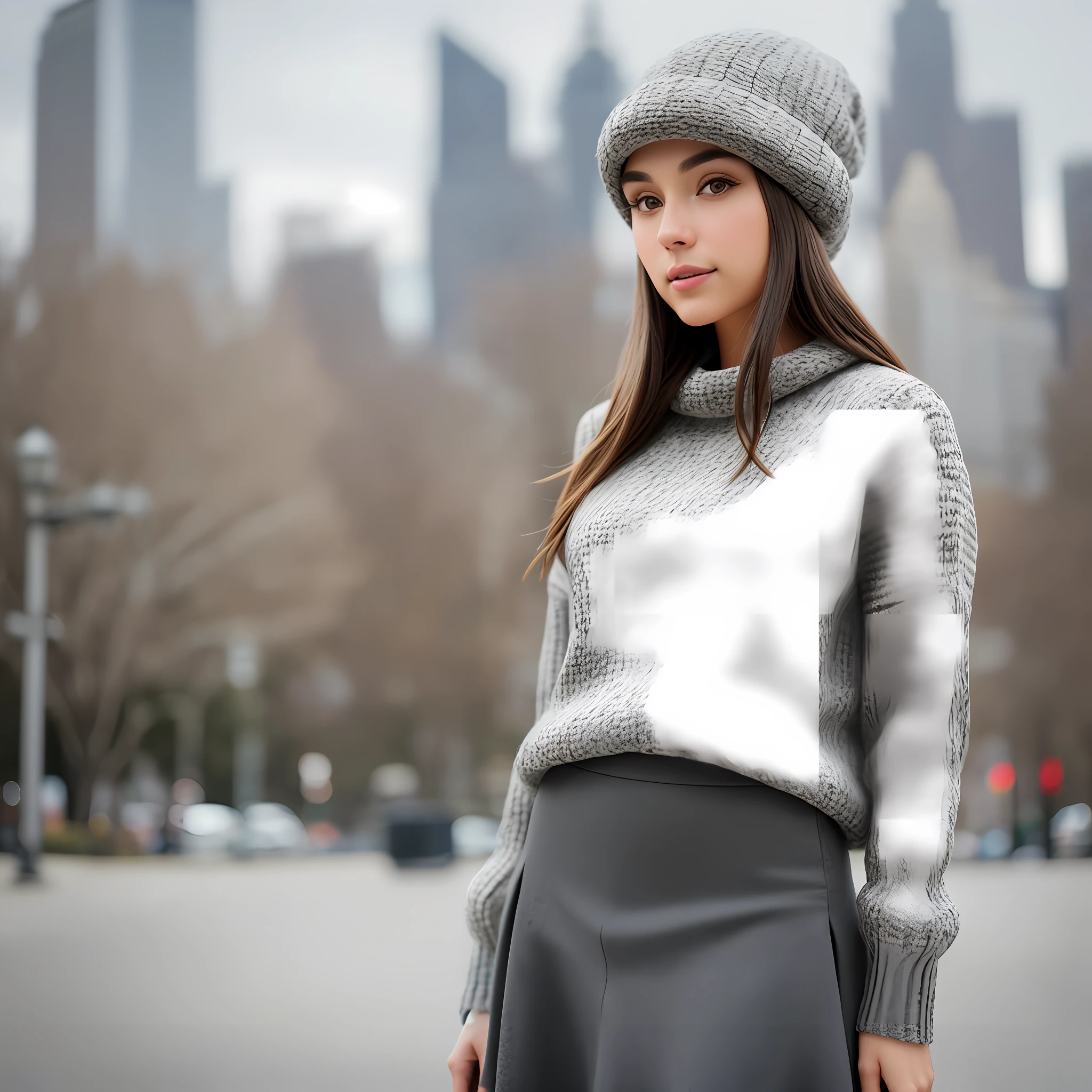 Hyper realistic, close-up, beautiful woman, brown hair, honey brown eyes, alabaster skin, gray skirt, gray sweater, gray hat, in front of city builds, afternoon, gray skies. Detailed backgrounds. Intricately patterned clothes. Natural skin pattern. Cinematic, 25mm, HDR, depth of field, photograph quality, 8K.