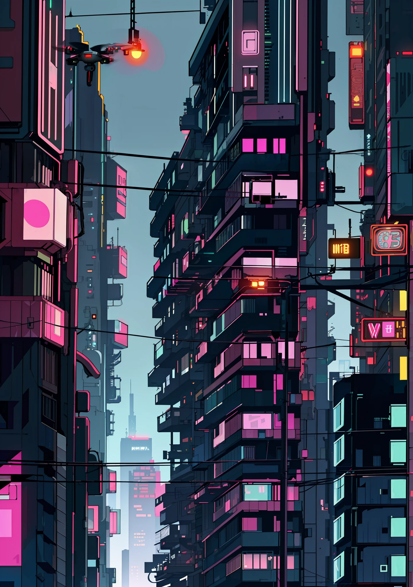 (( Intricate Details, (Cyberpunk: 1.4), Black Night Scene, Drone, Auto)), Neon City Background, Mechanical City