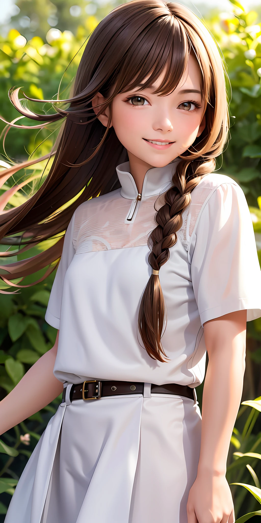 Excellent, masterpiece, brown hair, brown eyes, white clothes, upper body, hair strands, fair skin, side braids, best quality, healing smile, background field, laughter