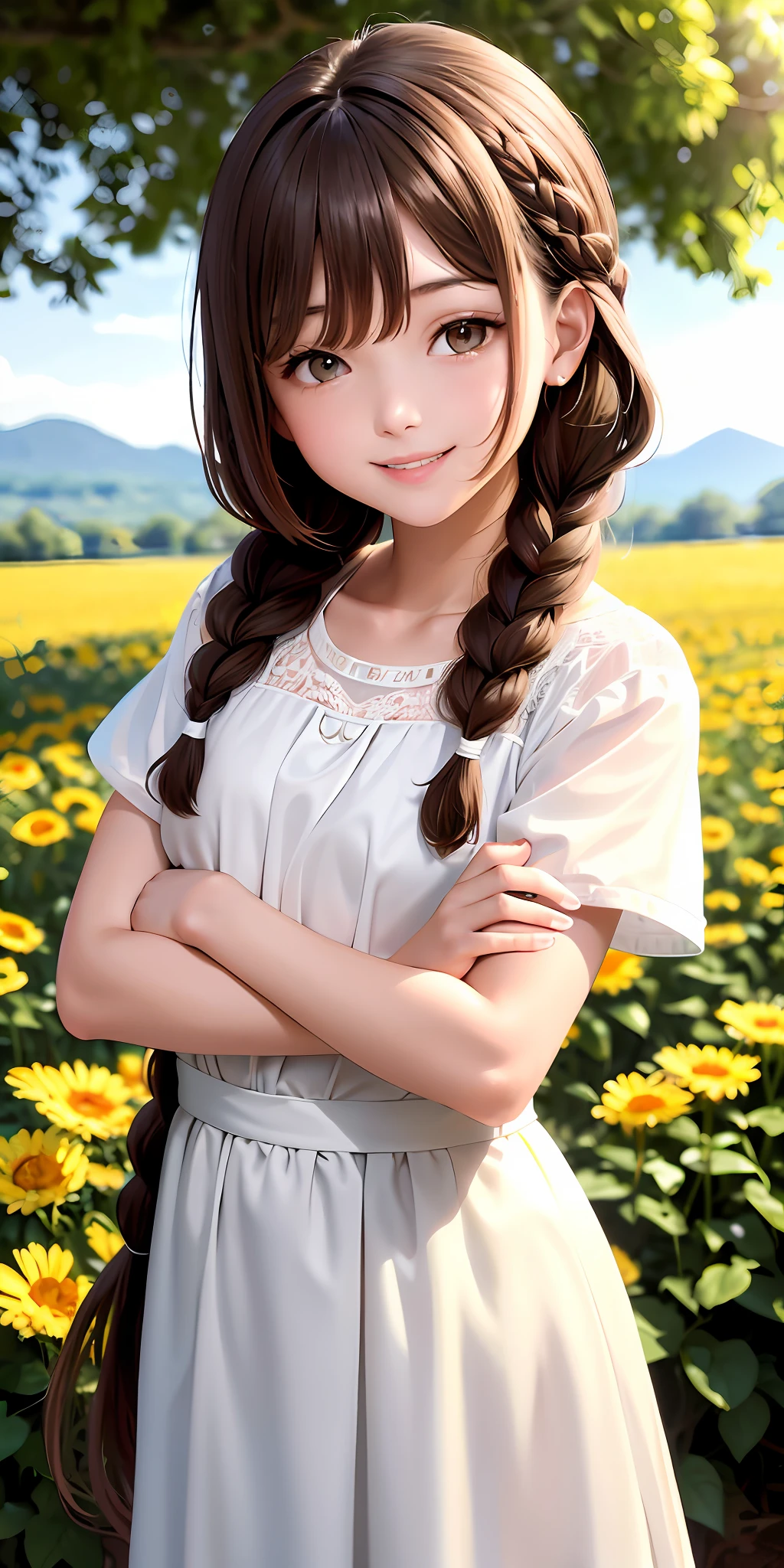 Excellent, masterpiece, brown hair, brown eyes, white clothes, upper body, hair strands, fair skin, side braids, best quality, healing smile, background field, laughter