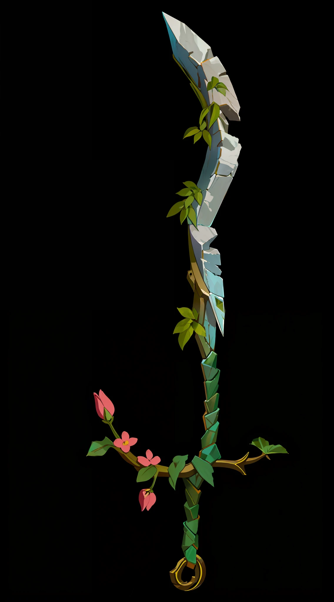 best quality, Trending on Artstation, masterpiece, [[alpine|cleaver|Blossoming tree]:waterfall:0.3], straight [stone|roots|leaf|branch|handle] with bracket, [flowers:0.5]