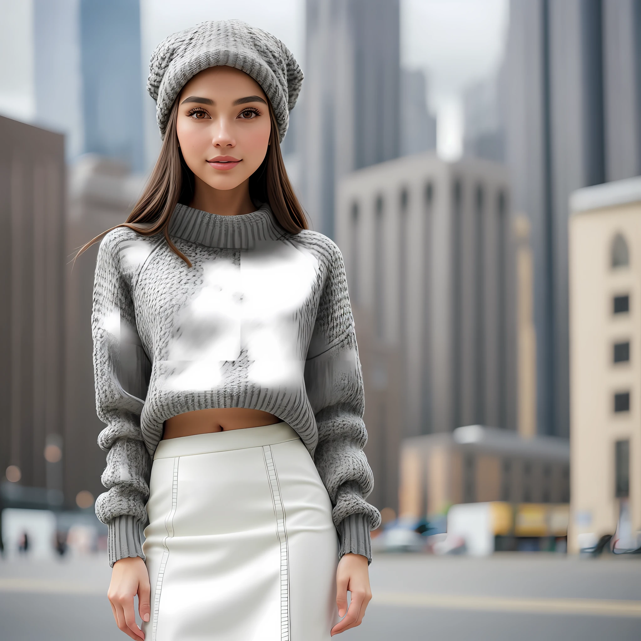 Hyper realistic, close-up, beautiful woman, brown hair, honey brown eyes, alabaster skin, gray skirt, gray sweater, gray hat, in front of city builds, afternoon, gray skies. Detailed backgrounds. Intricately patterned clothes. Natural skin pattern. Cinematic, 25mm, HDR, depth of field, photograph quality, 8K.