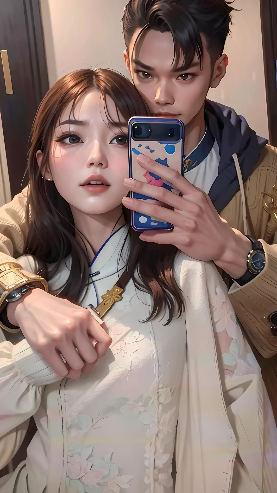 There is a man and a woman taking a selfie 8k in front of the mirror, Cheng Yanjun, Guviz, realistic!!!!!!! Art style, inspired by Chinese artist Jung Yanjun, Korean artist Guviz style artwork, realistic. Cheng Yi, author: Cheng Yanjun, couple pose, [realistic photography], Kun Can by 8k