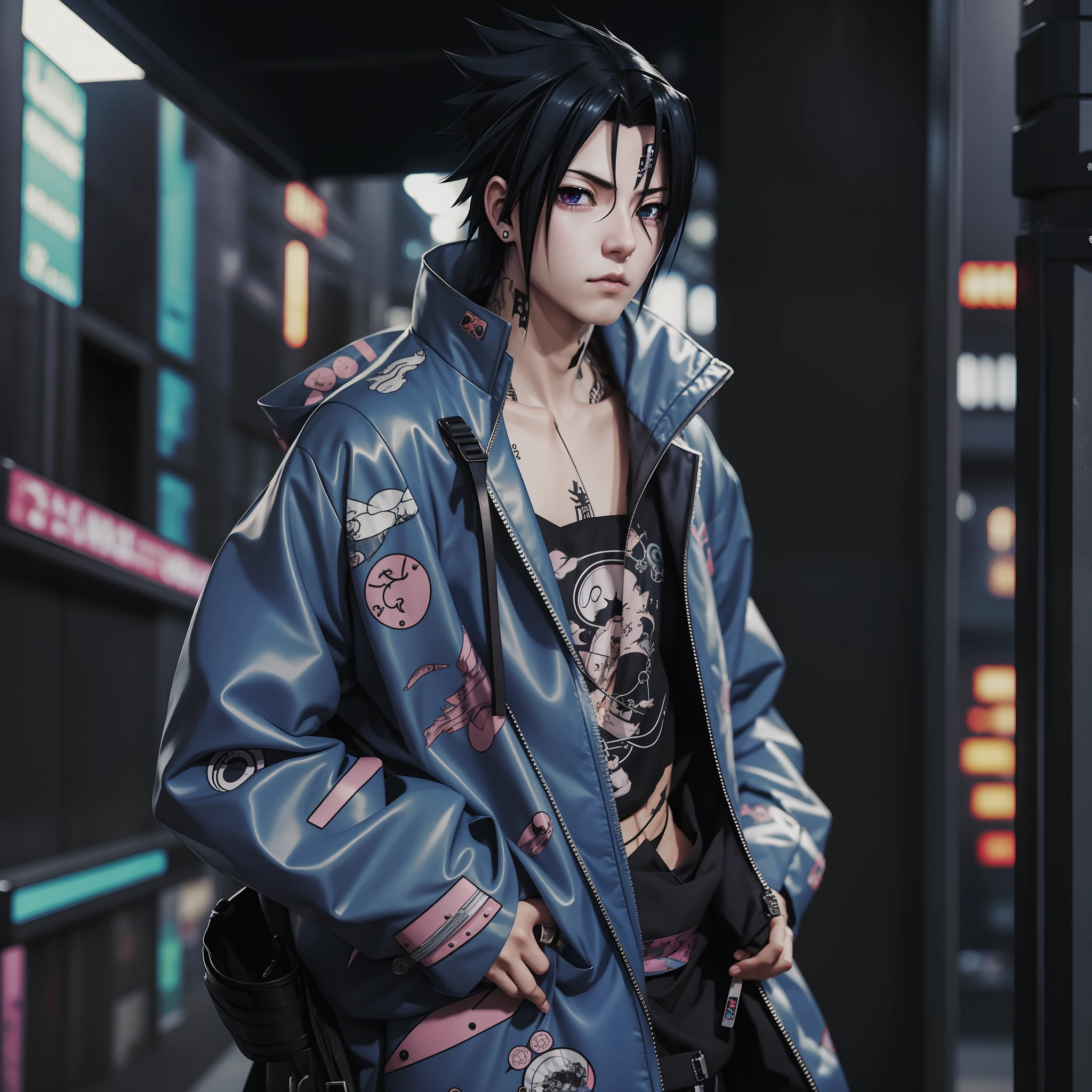 sasuke, tumblr, jacket, visual street, anime boy, kawaii, photo, 8k, very detailed, cyberpunk