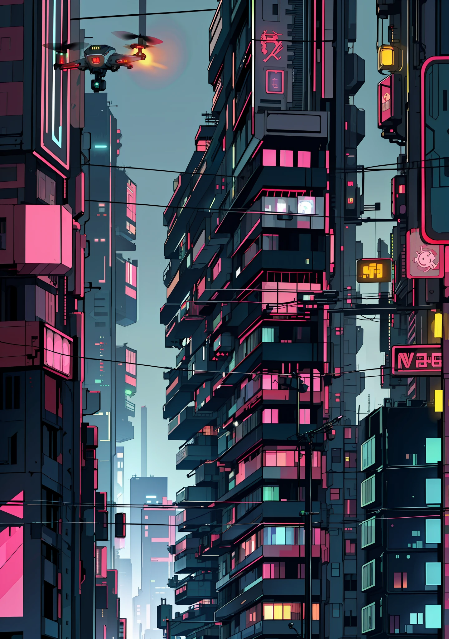 (( Intricate Details, (Cyberpunk: 1.4), Black Night Scene, Drone, Automobile)), Neon City Background, Mechanical City, Hazy Texture