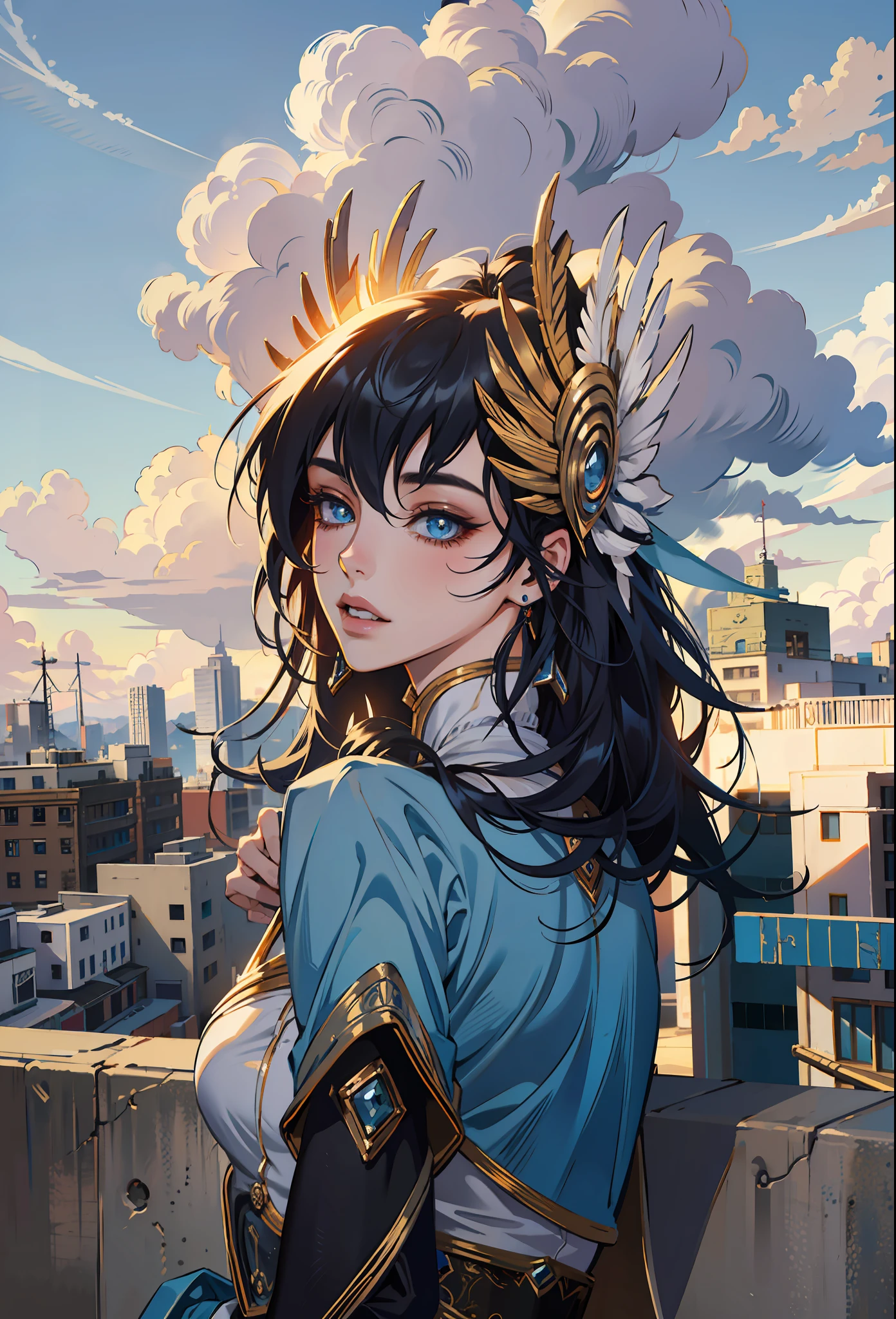 (masterpiece),(best quality:1.0), (ultra highres:1.0), detailed illustration, 8k, anime, 1girl, Irelia1, pretty face, detailed face, beautiful eyes, detailed eyes, blue eyes, black dark blue hair, long hair beautiful hair, highlights in hair, (league of legends), highly detailed