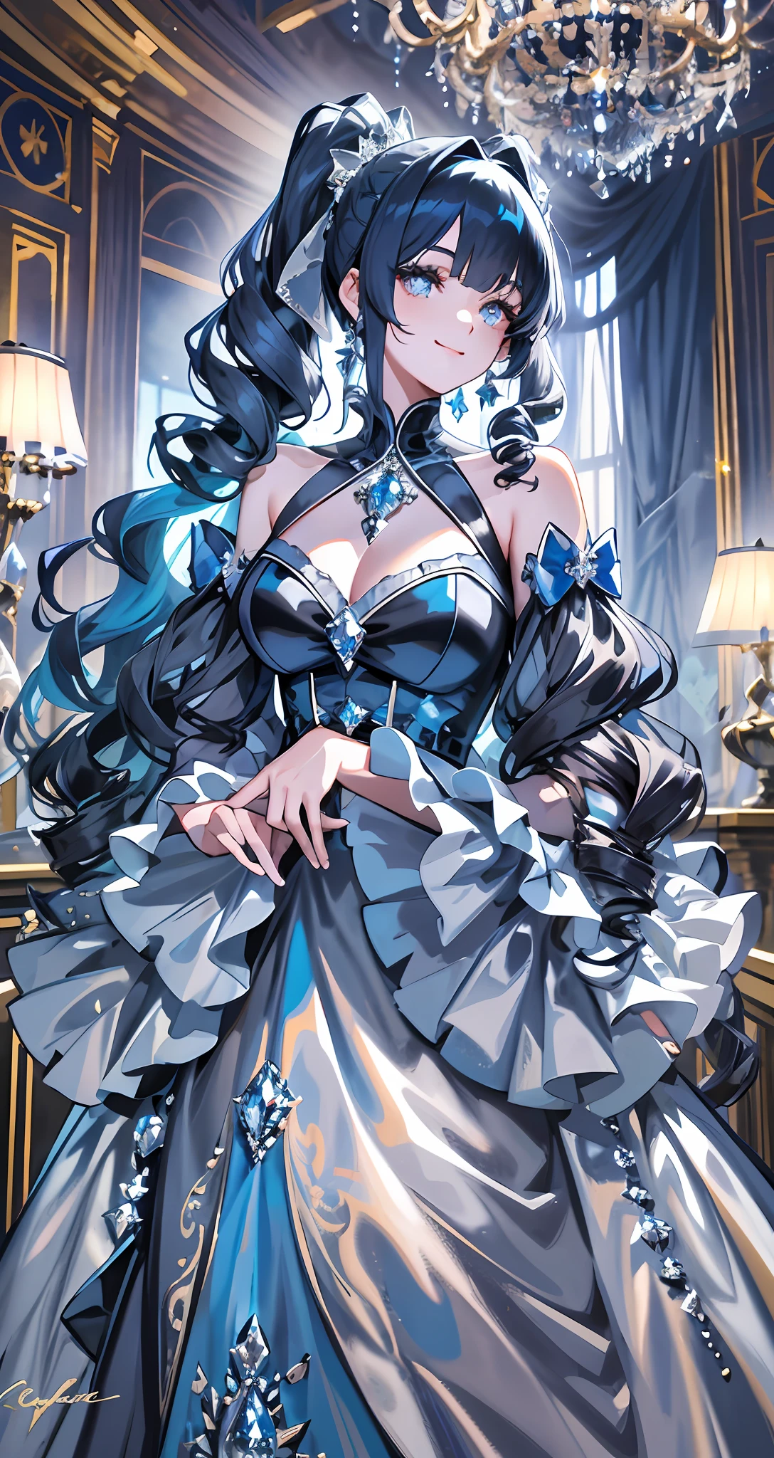 Dramatic composition, court-style dresses, royal, gorgeous, cascading frills, ruffles, bows, crystal chandeliers, Roman curly hairstyles, ponet, double ponytails like drills, look at the camera, bangs, maximalism, palatial background, delicate portrayal of hair and eyes, princess dresses, gorgeous skirts, flowers in hand, smiles, starry eyes, cinematic light, extreme detail, high definition, happy girl, very long hair, diamonds, broken diamonds, crystal fragments, light particles