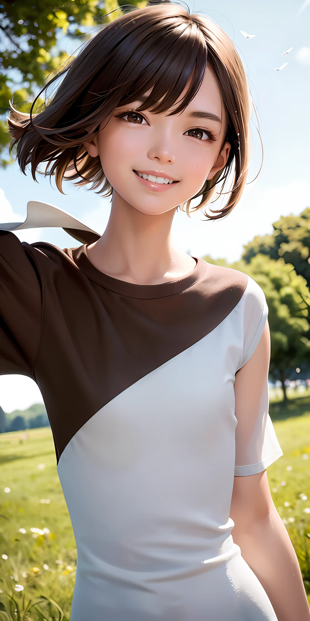 Excellent, masterpiece, brown hair, short hair, brown eyes, white clothes, upper body, hair fluttering in the wind, fair skin, best quality, healing smile, background field, laughter